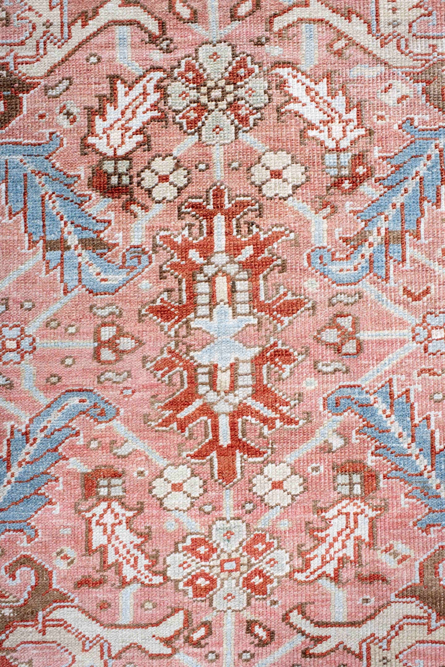 8' x 10' one-of-a-kind handmade antique Heriz large size rug. Color palette: rose, sky blue, ivory, terra cotta, rust, taupe
