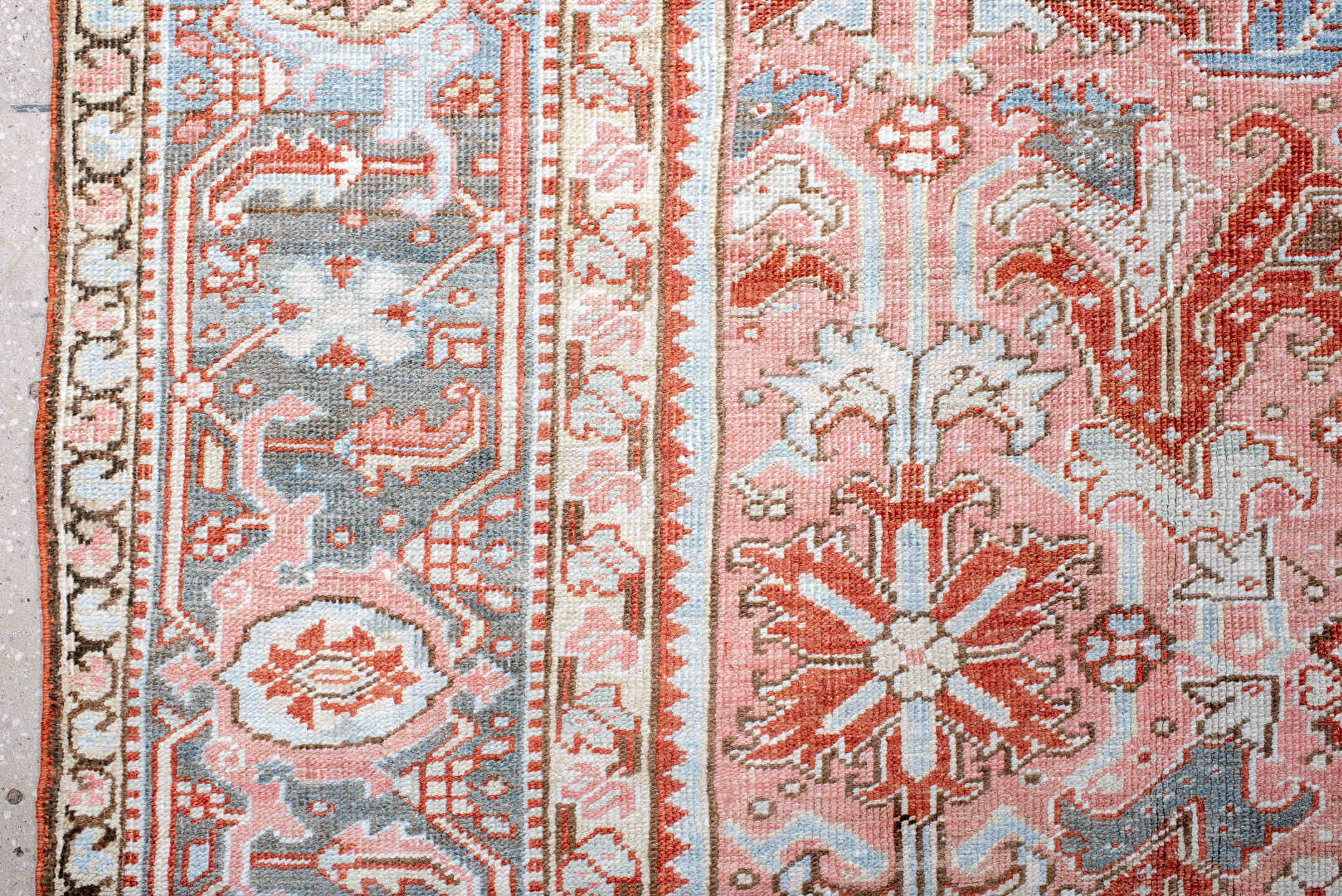8' x 10' one-of-a-kind handmade antique Heriz large size rug. Color palette: rose, sky blue, ivory, terra cotta, rust, taupe