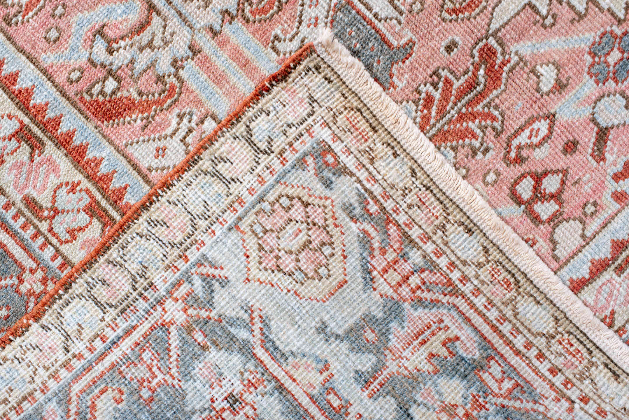 8' x 10' one-of-a-kind handmade antique Heriz large size rug. Color palette: rose, sky blue, ivory, terra cotta, rust, taupe
