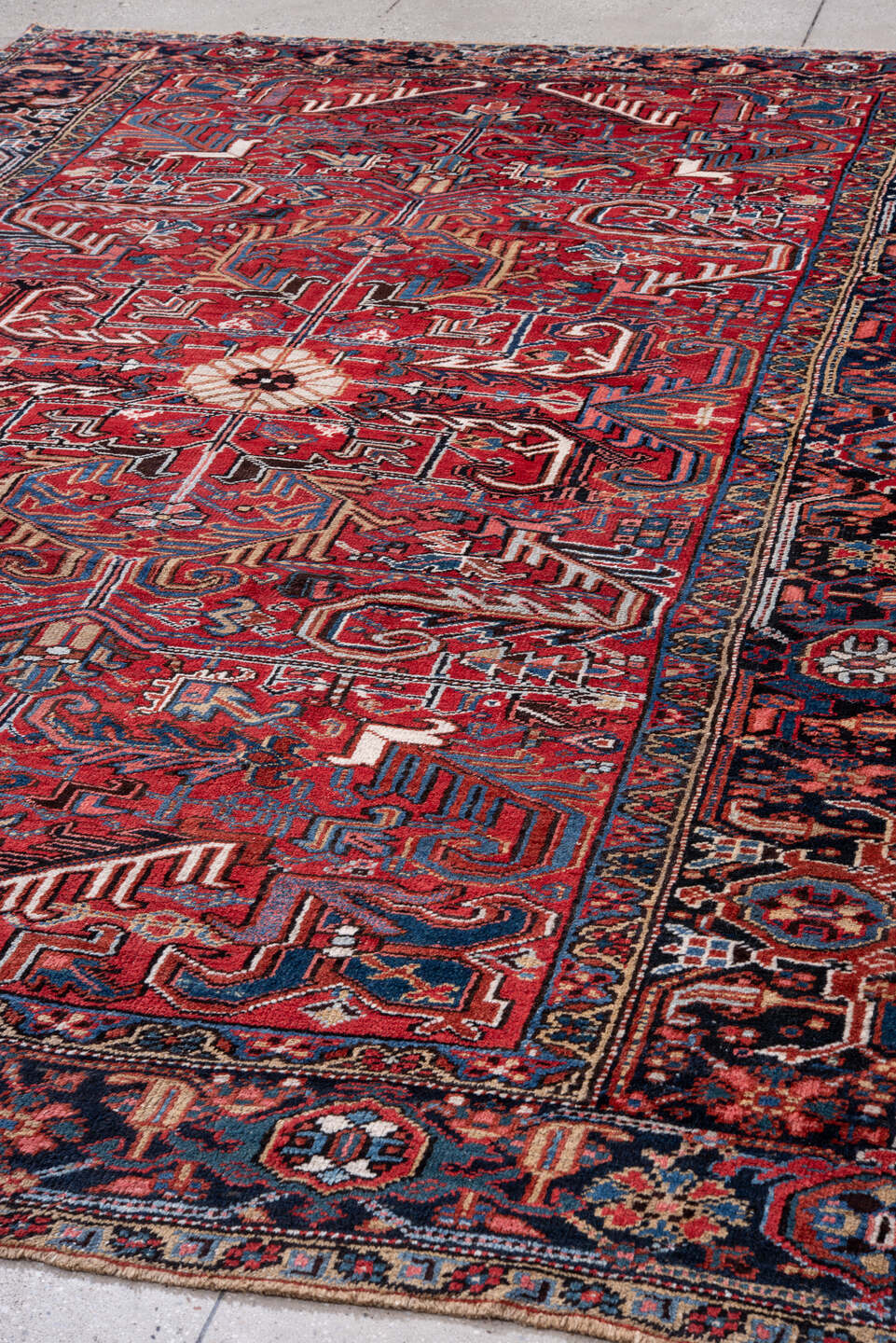 7' x 10' one-of-a-kind handmade vintage Heriz large size rug. Color palette: black, blue, brown, dark gray, fiord, gray