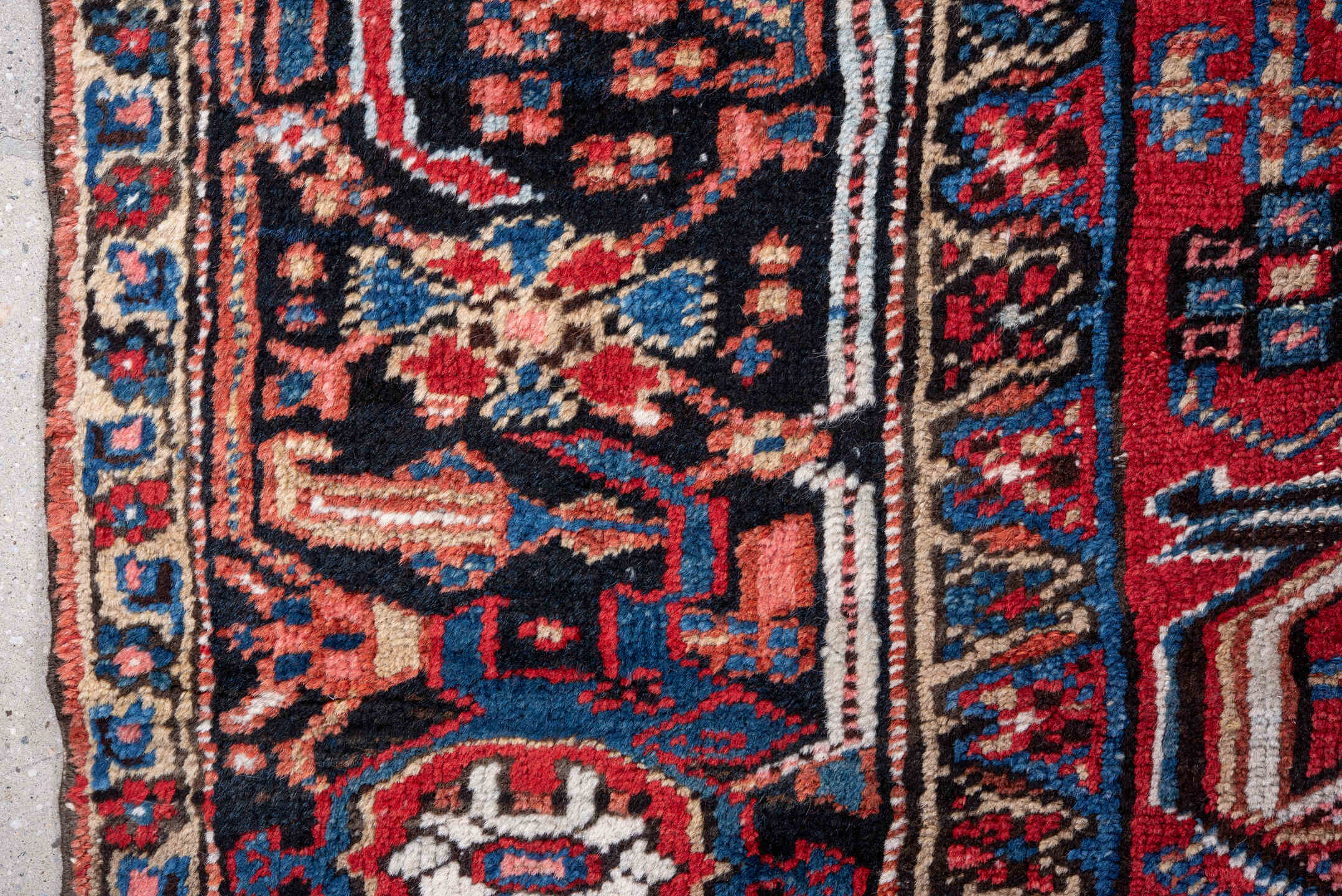 7' x 10' one-of-a-kind handmade vintage Heriz large size rug. Color palette: black, blue, brown, dark gray, fiord, gray