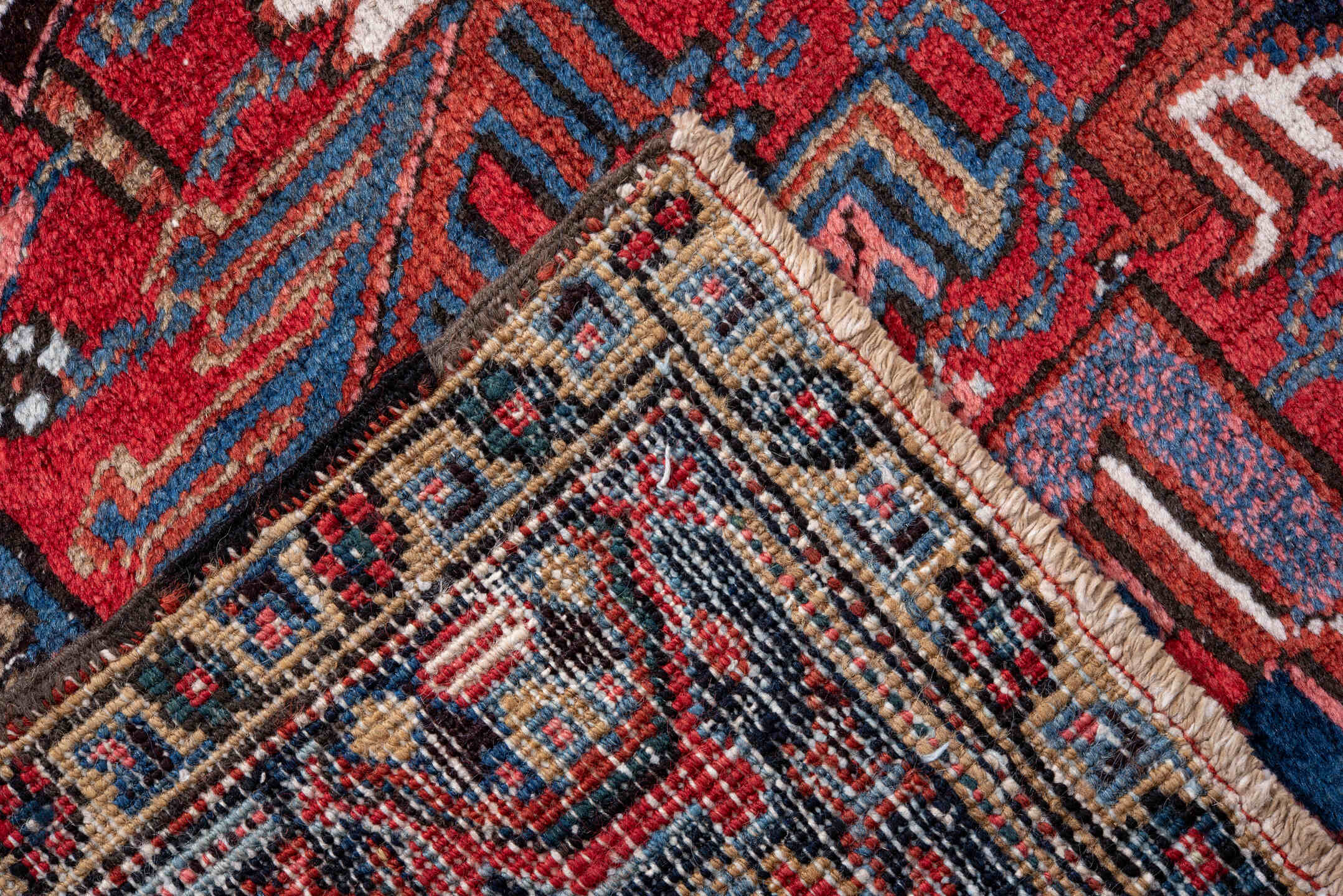 7' x 10' one-of-a-kind handmade vintage Heriz large size rug. Color palette: black, blue, brown, dark gray, fiord, gray