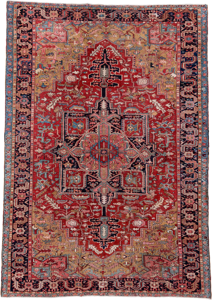 8' x 11' one-of-a-kind handmade vintage Heriz large size rug. Color palette: red, navy, camel, sky_blue, ivory, rose