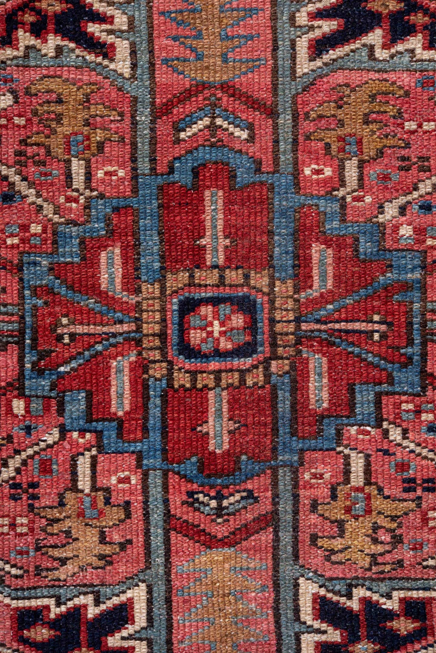 8' x 11' one-of-a-kind handmade vintage Heriz large size rug. Color palette: red, navy, camel, sky_blue, ivory, rose