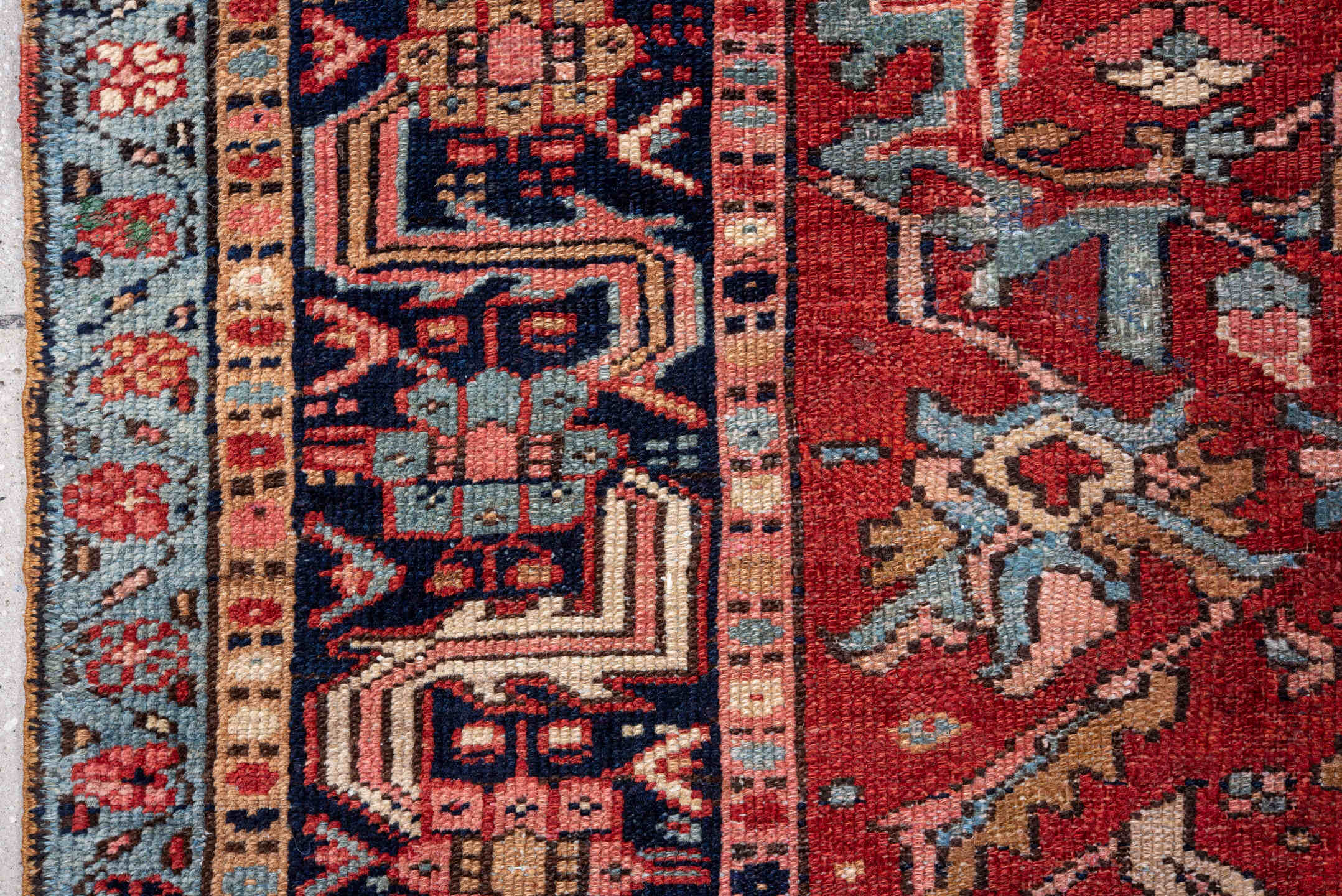 8' x 11' one-of-a-kind handmade vintage Heriz large size rug. Color palette: red, navy, camel, sky_blue, ivory, rose