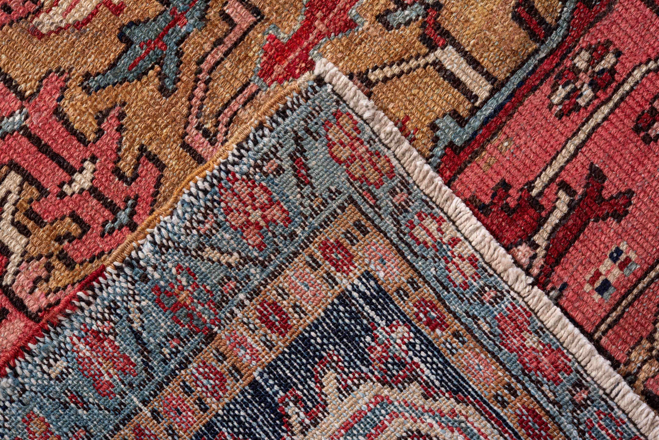 8' x 11' one-of-a-kind handmade vintage Heriz large size rug. Color palette: red, navy, camel, sky_blue, ivory, rose