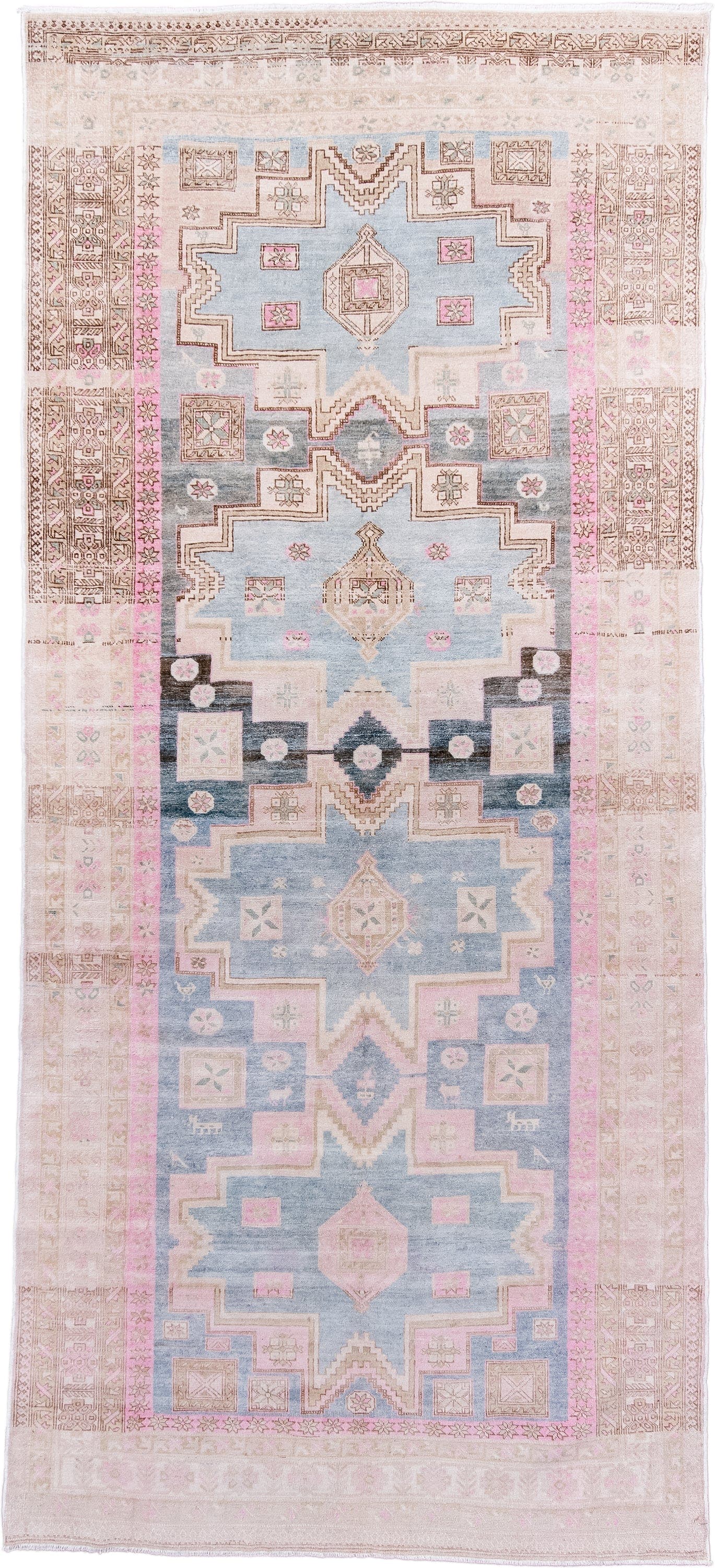 5' x 12' one-of-a-kind handmade antique Ardebil rug. Color palette: ivory, pale blue, blush, taupe, camel, charcoal