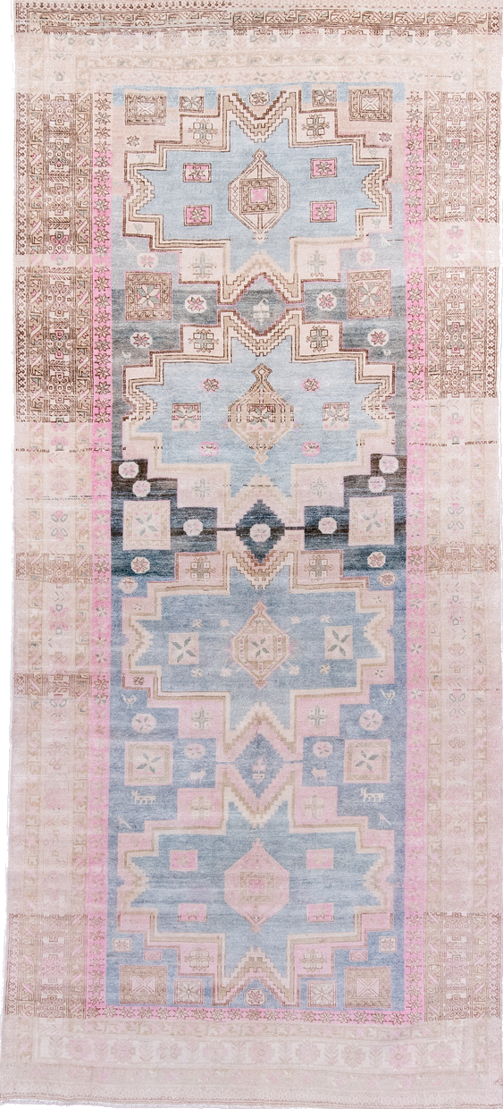 5' x 12' one-of-a-kind handmade vintage Ardebil rug. Color palette: blue, brown, gray, light blue, light gray