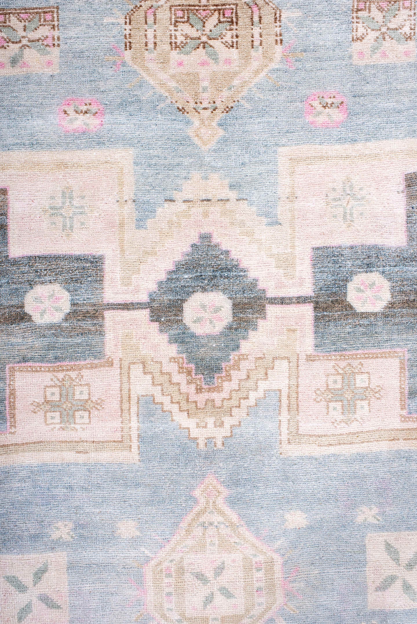 5' x 12' one-of-a-kind handmade antique Ardebil rug. Color palette: ivory, pale blue, blush, taupe, camel, charcoal