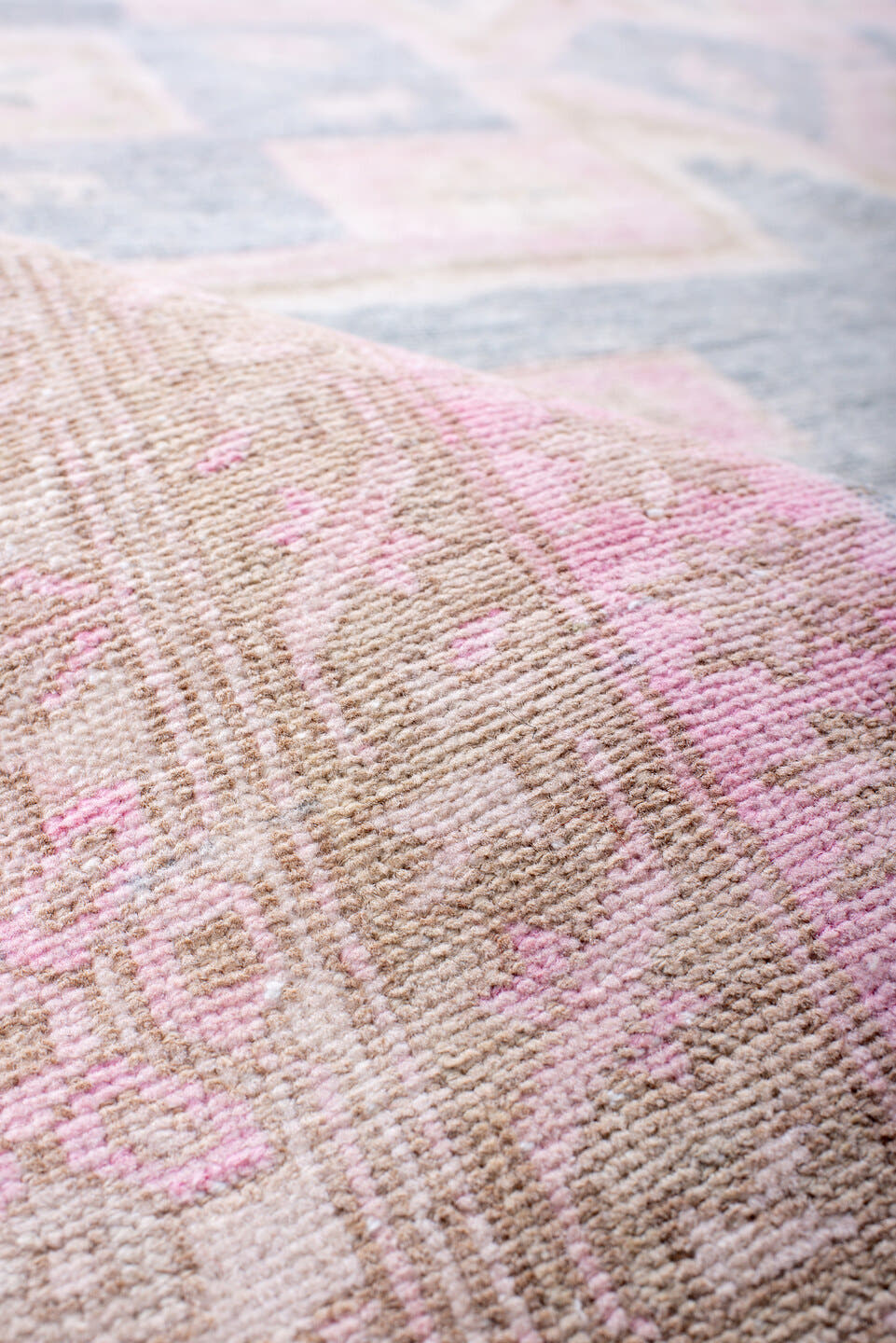 5' x 12' one-of-a-kind handmade antique Ardebil rug. Color palette: ivory, pale blue, blush, taupe, camel, charcoal