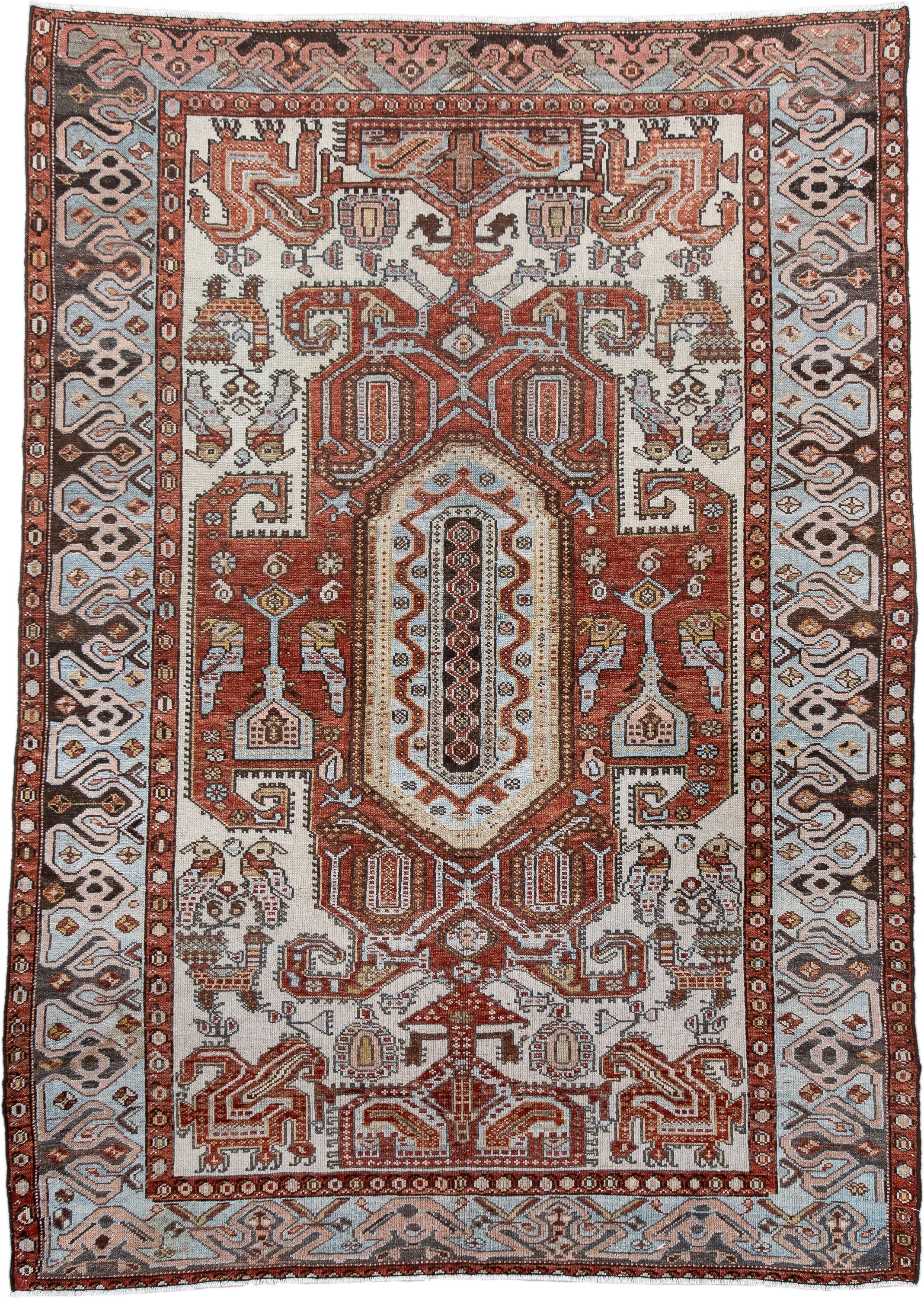 4' x 6' one-of-a-kind handmade antique Malayer small size rug. Color palette: ivory, rust, sky blue, brown, terracotta