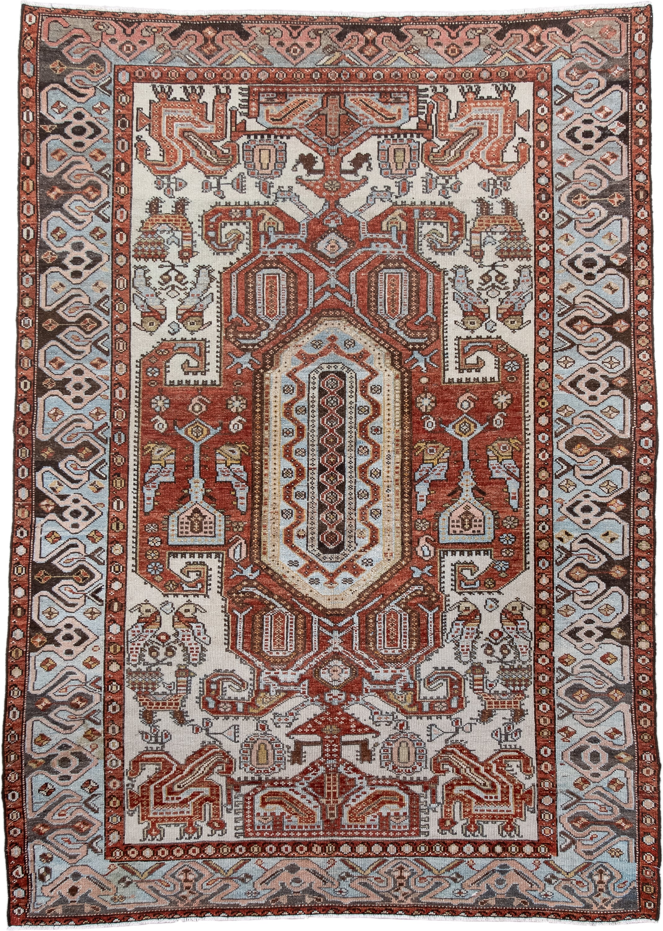 4' x 6' one-of-a-kind handmade antique Malayer small size rug. Color palette: ivory, rust, sky blue, brown, terracotta