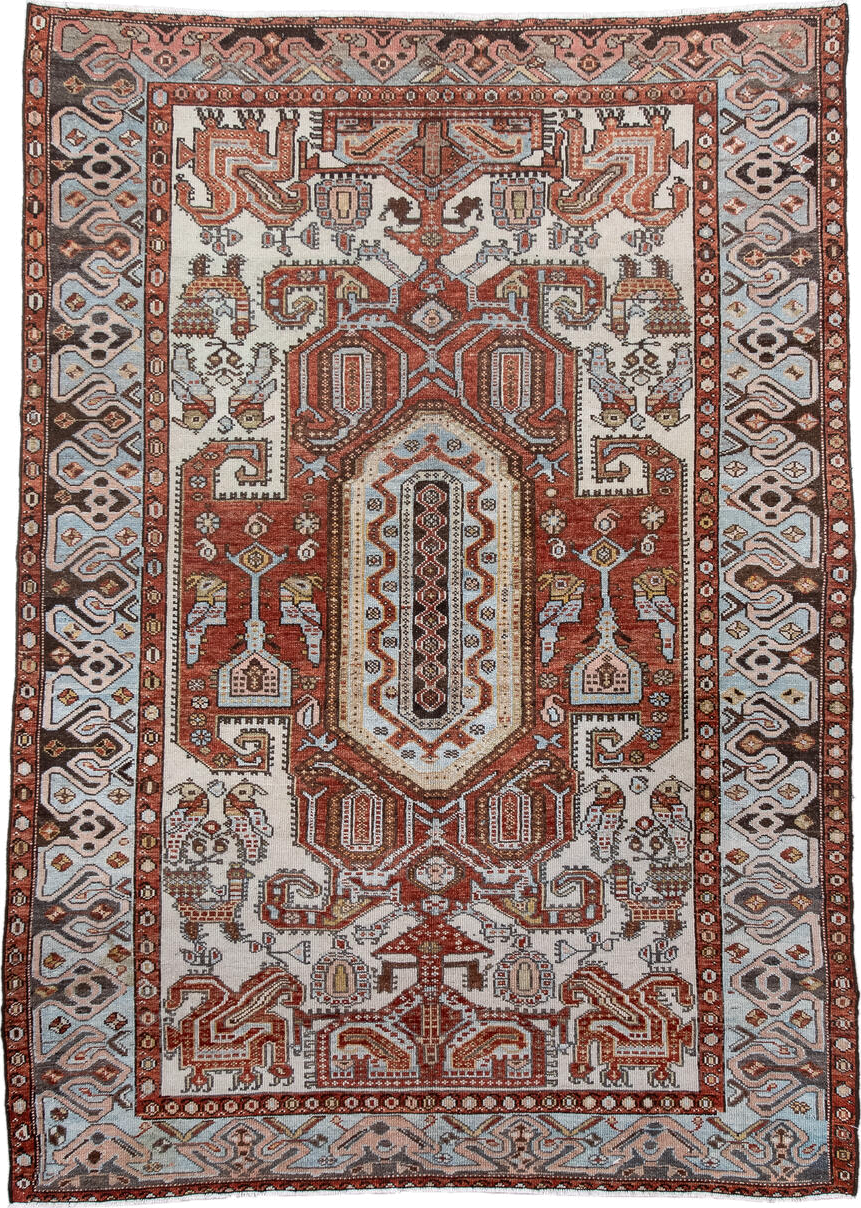 4' x 6' one-of-a-kind handmade antique Malayer small size rug. Color palette: ivory, rust, sky blue, brown, terracotta