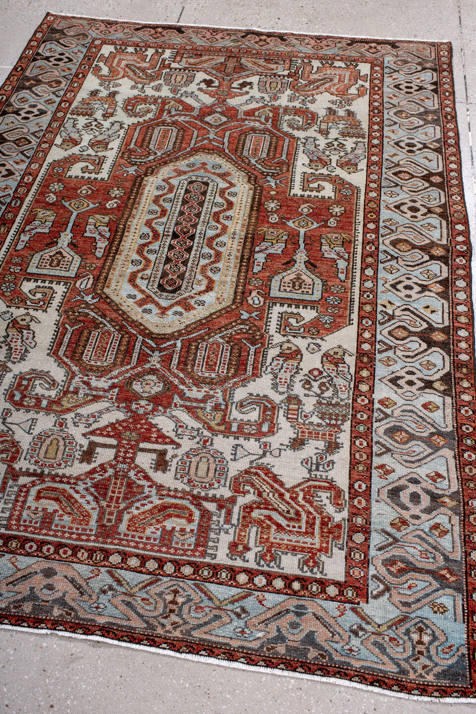 4' x 6' one-of-a-kind handmade antique Malayer small size rug. Color palette: ivory, rust, sky blue, brown, terracotta