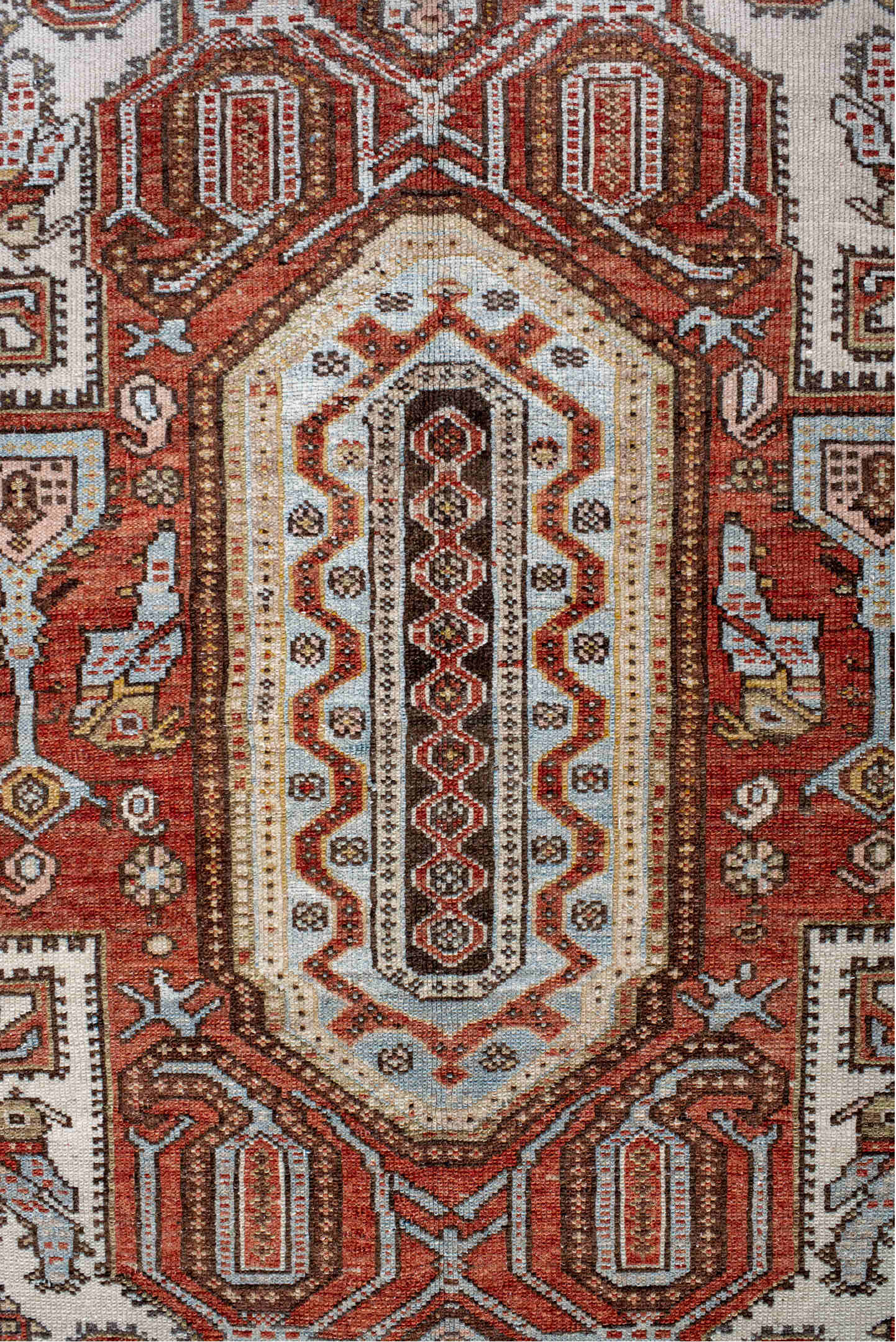 4' x 6' one-of-a-kind handmade antique Malayer small size rug. Color palette: ivory, rust, sky blue, brown, terracotta