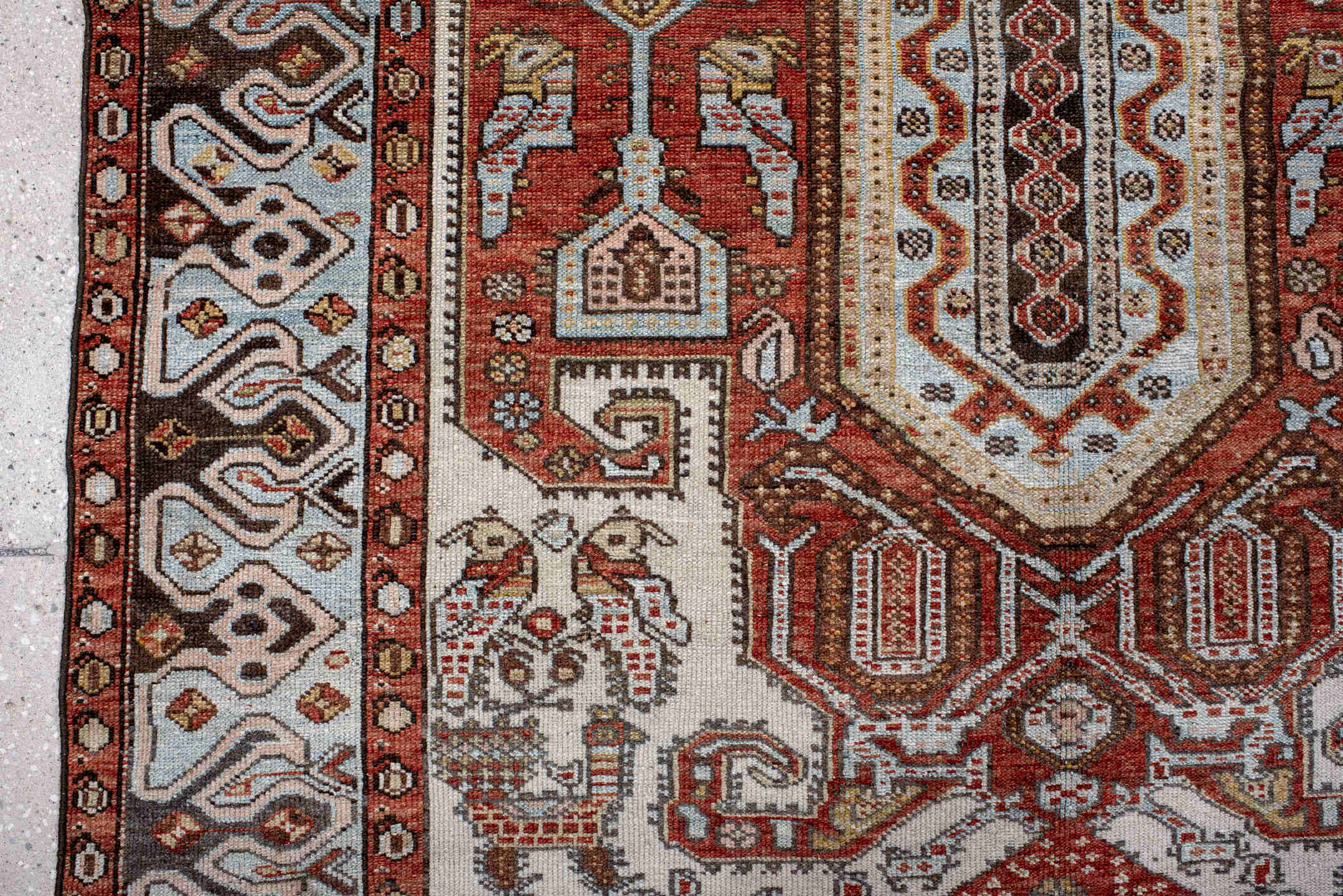 4' x 6' one-of-a-kind handmade antique Malayer small size rug. Color palette: ivory, rust, sky blue, brown, terracotta