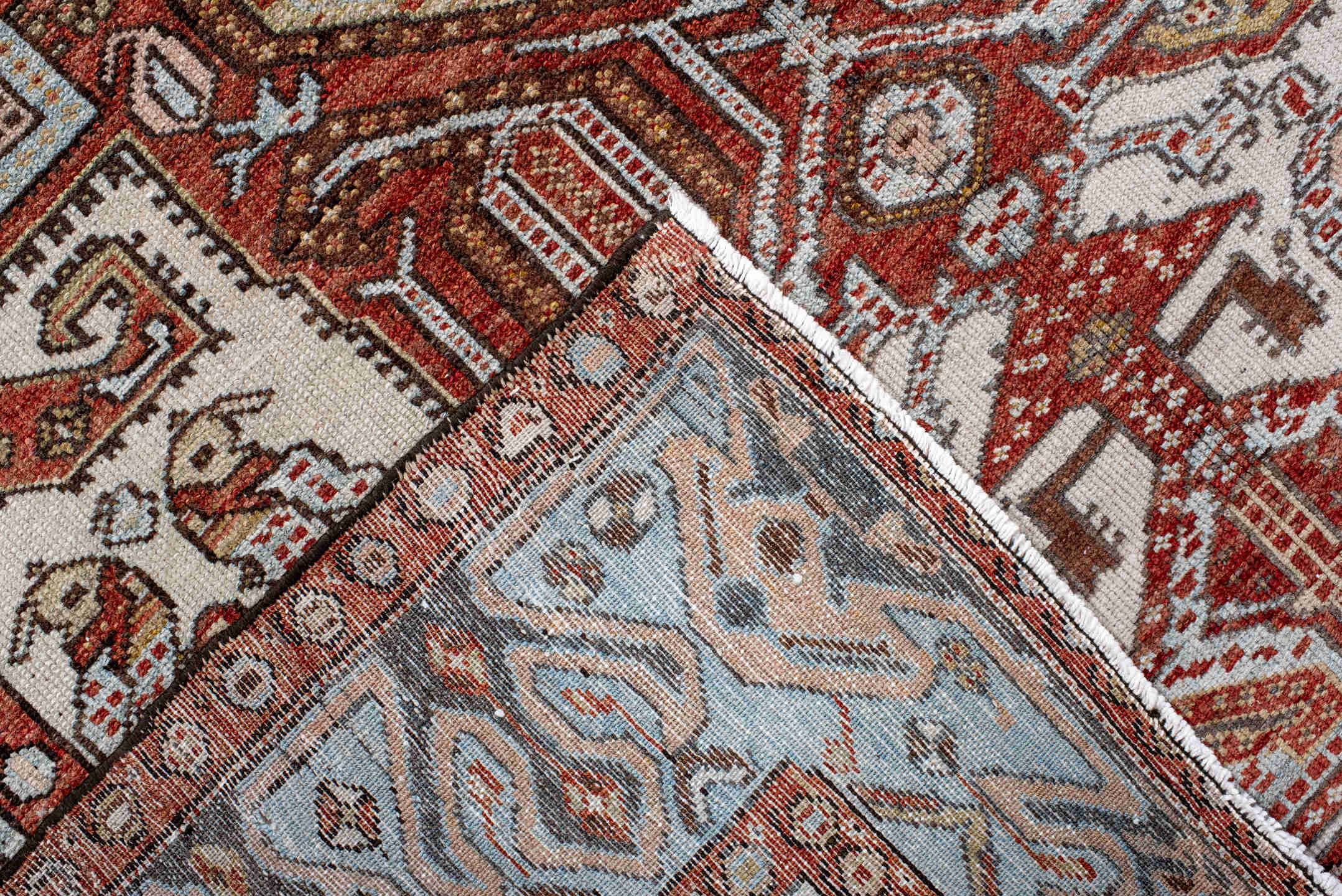 4' x 6' one-of-a-kind handmade antique Malayer small size rug. Color palette: ivory, rust, sky blue, brown, terracotta