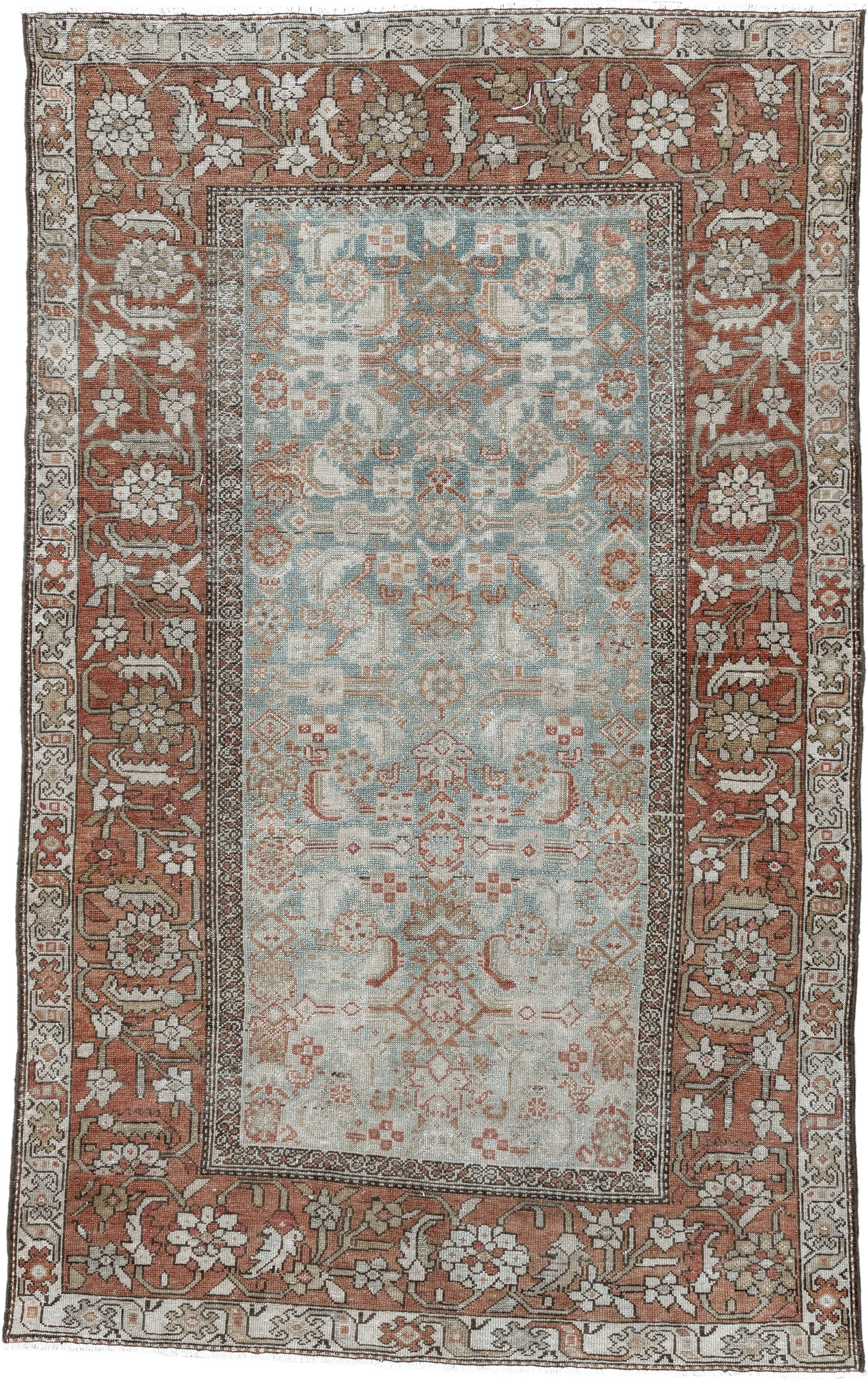 4' x 7' one-of-a-kind handmade vintage Malayer rug. Color palette: ivory, rust, pale blue, taupe, camel, rose, brown