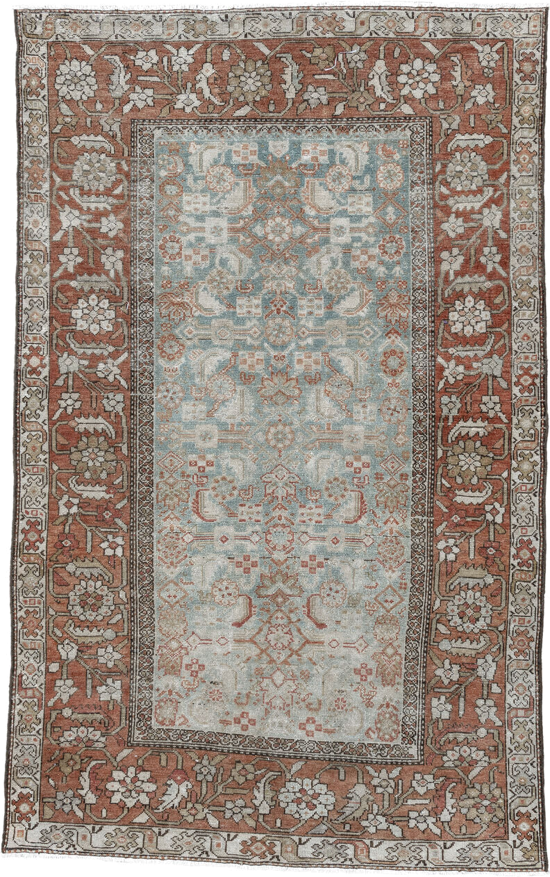 4' x 7' one-of-a-kind handmade vintage Malayer rug. Color palette: ivory, rust, pale blue, taupe, camel, rose, brown