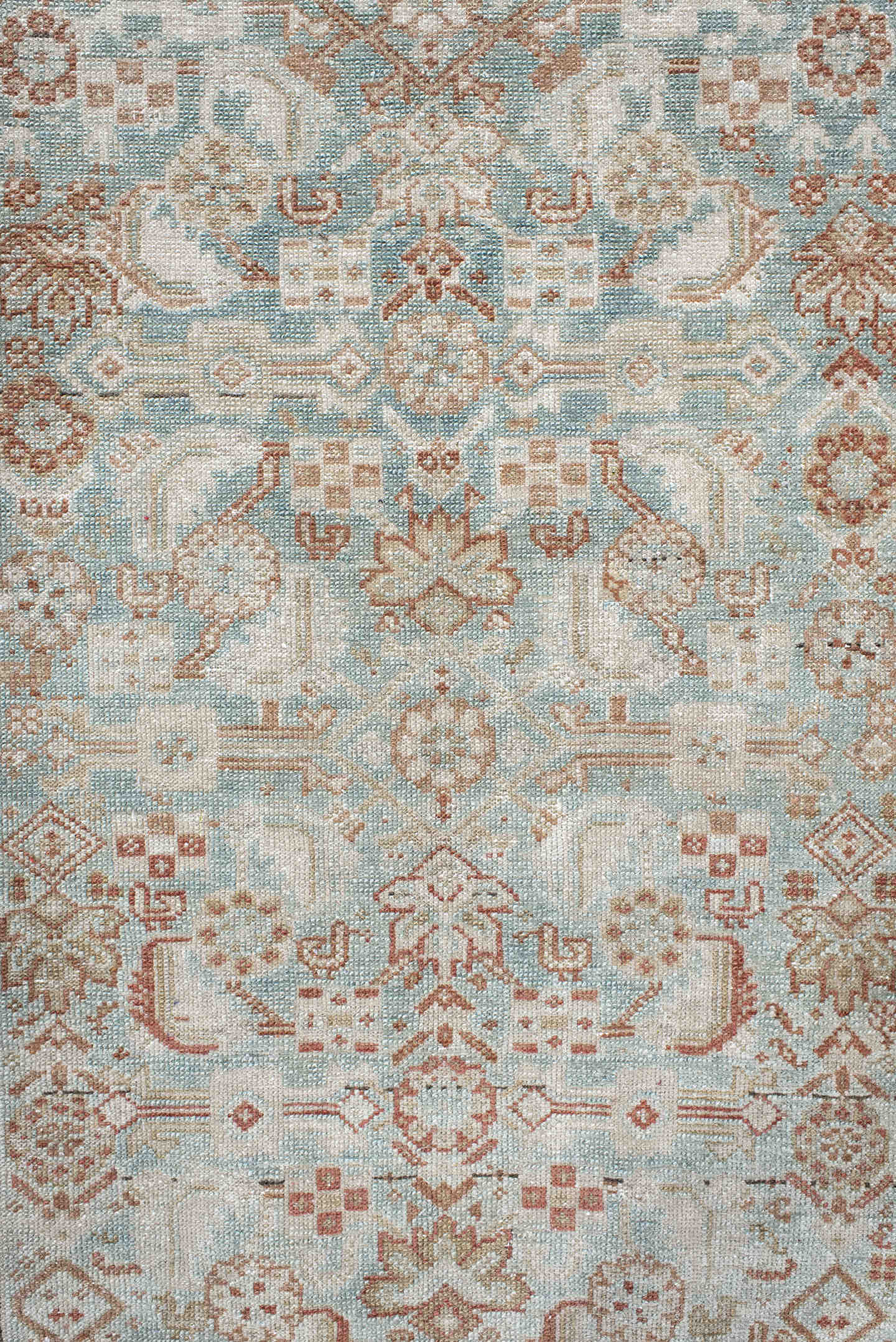 4' x 7' one-of-a-kind handmade vintage Malayer rug. Color palette: ivory, rust, pale blue, taupe, camel, rose, brown