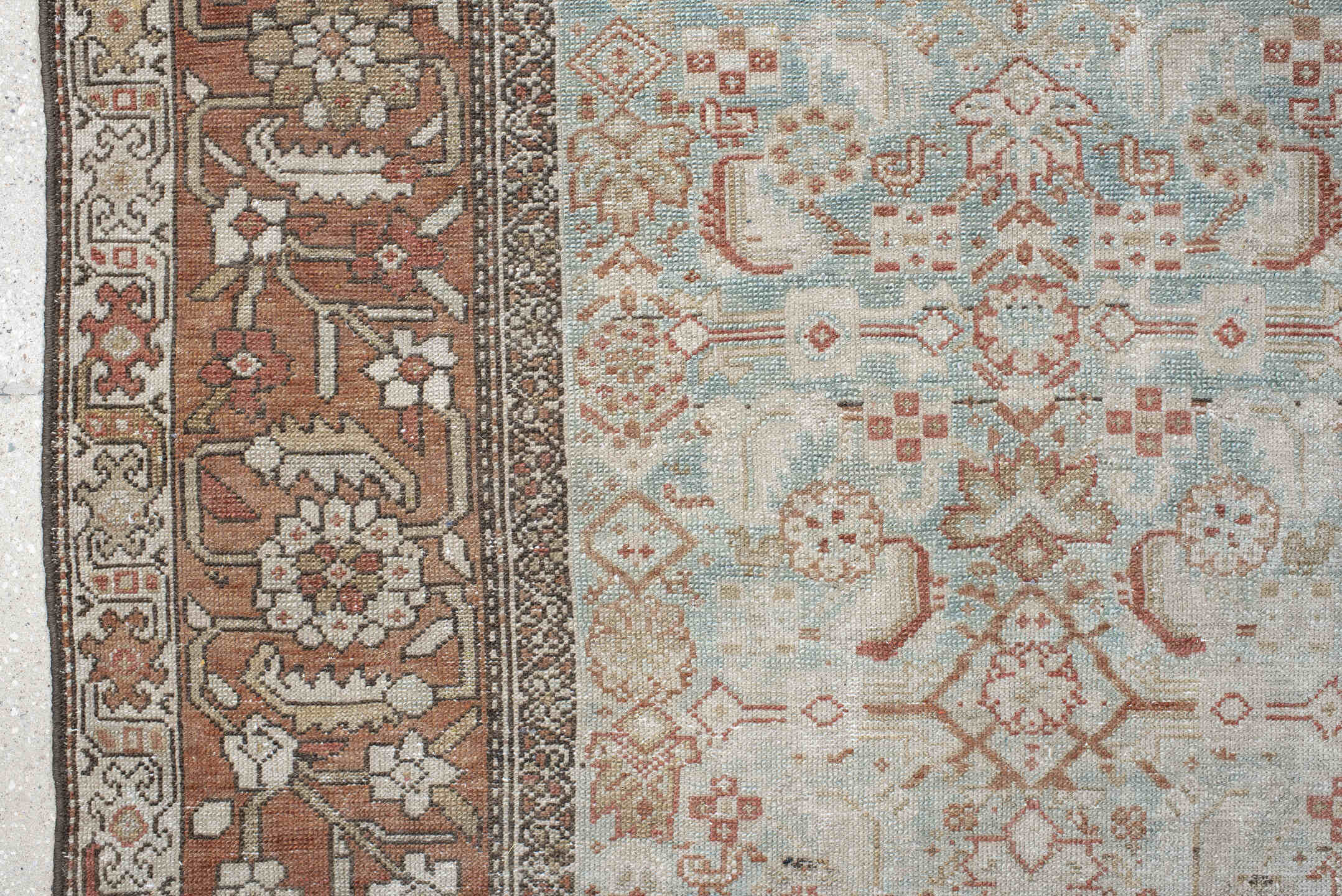 4' x 7' one-of-a-kind handmade vintage Malayer rug. Color palette: ivory, rust, pale blue, taupe, camel, rose, brown