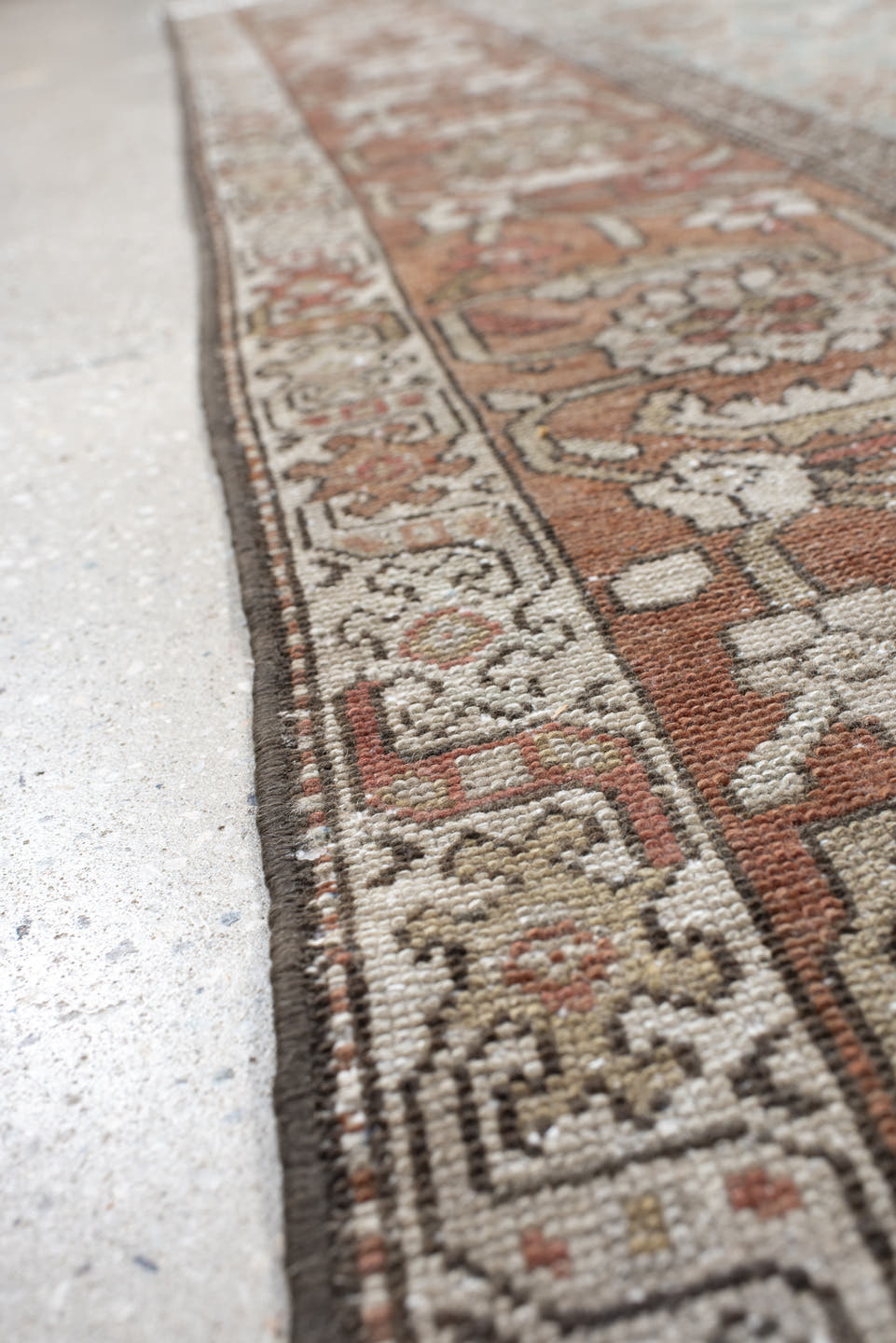 4' x 7' one-of-a-kind handmade vintage Malayer rug. Color palette: ivory, rust, pale blue, taupe, camel, rose, brown