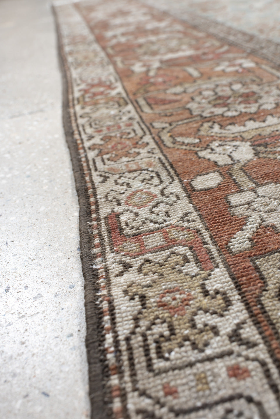 4' x 7' one-of-a-kind handmade vintage Malayer rug. Color palette: ivory, rust, pale blue, taupe, camel, rose, brown