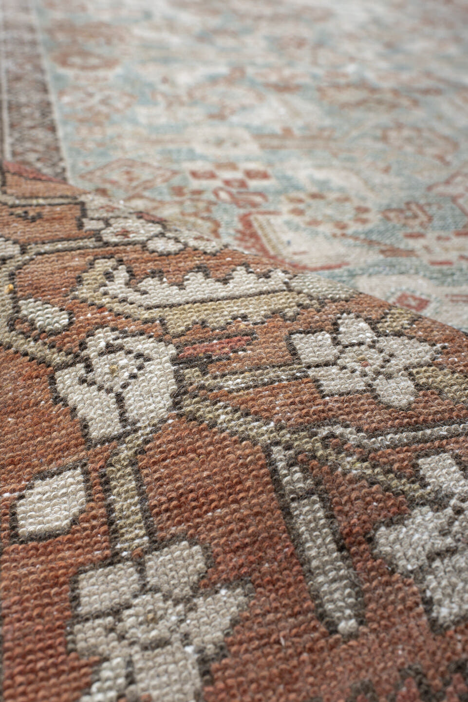4' x 7' one-of-a-kind handmade vintage Malayer rug. Color palette: ivory, rust, pale blue, taupe, camel, rose, brown