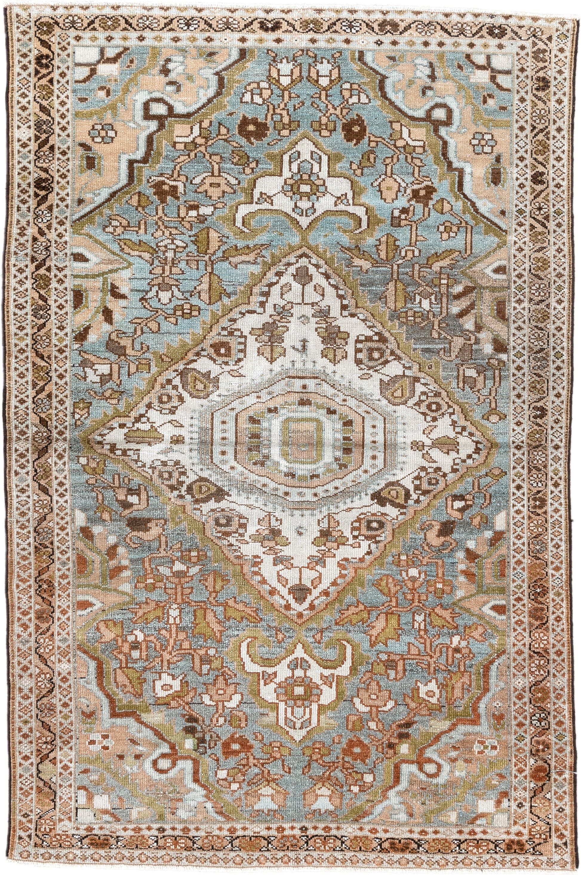 3' x 5' one-of-a-kind handmade vintage Malayer small size rug. Color palette: ivory, sky blue, brown, camel, olive, taupe