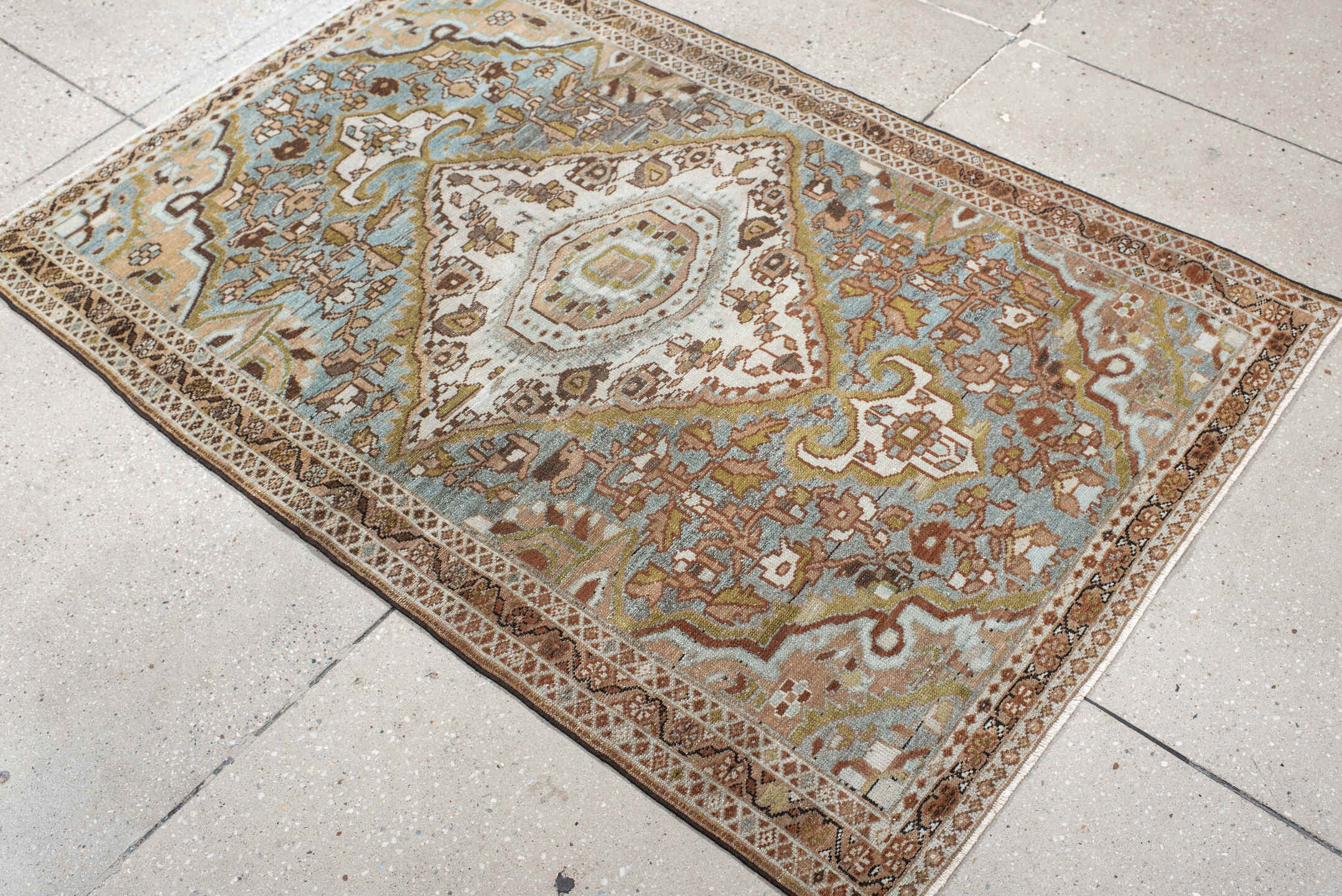3' x 5' one-of-a-kind handmade vintage Malayer small size rug. Color palette: ivory, sky blue, brown, camel, olive, taupe