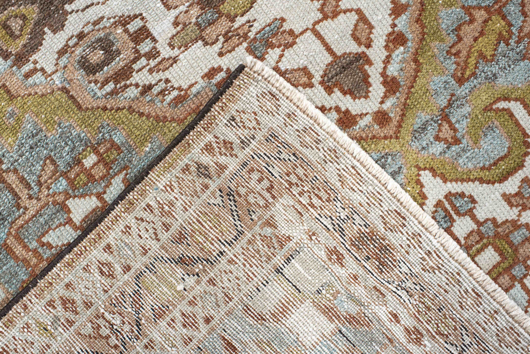 3' x 5' one-of-a-kind handmade vintage Malayer small size rug. Color palette: ivory, sky blue, brown, camel, olive, taupe