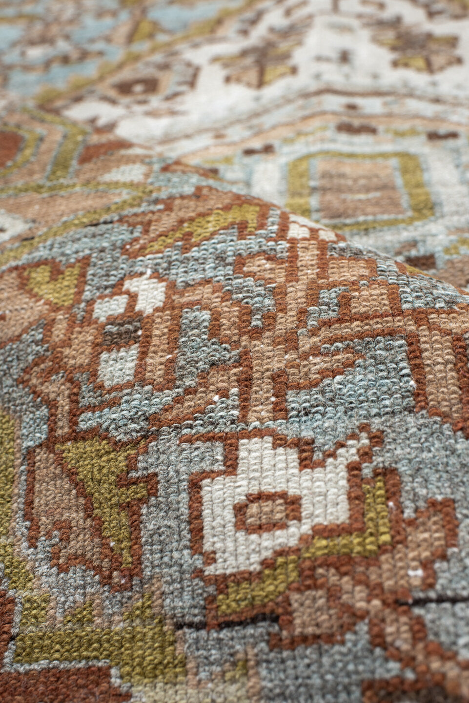 3' x 5' one-of-a-kind handmade vintage Malayer small size rug. Color palette: ivory, sky blue, brown, camel, olive, taupe