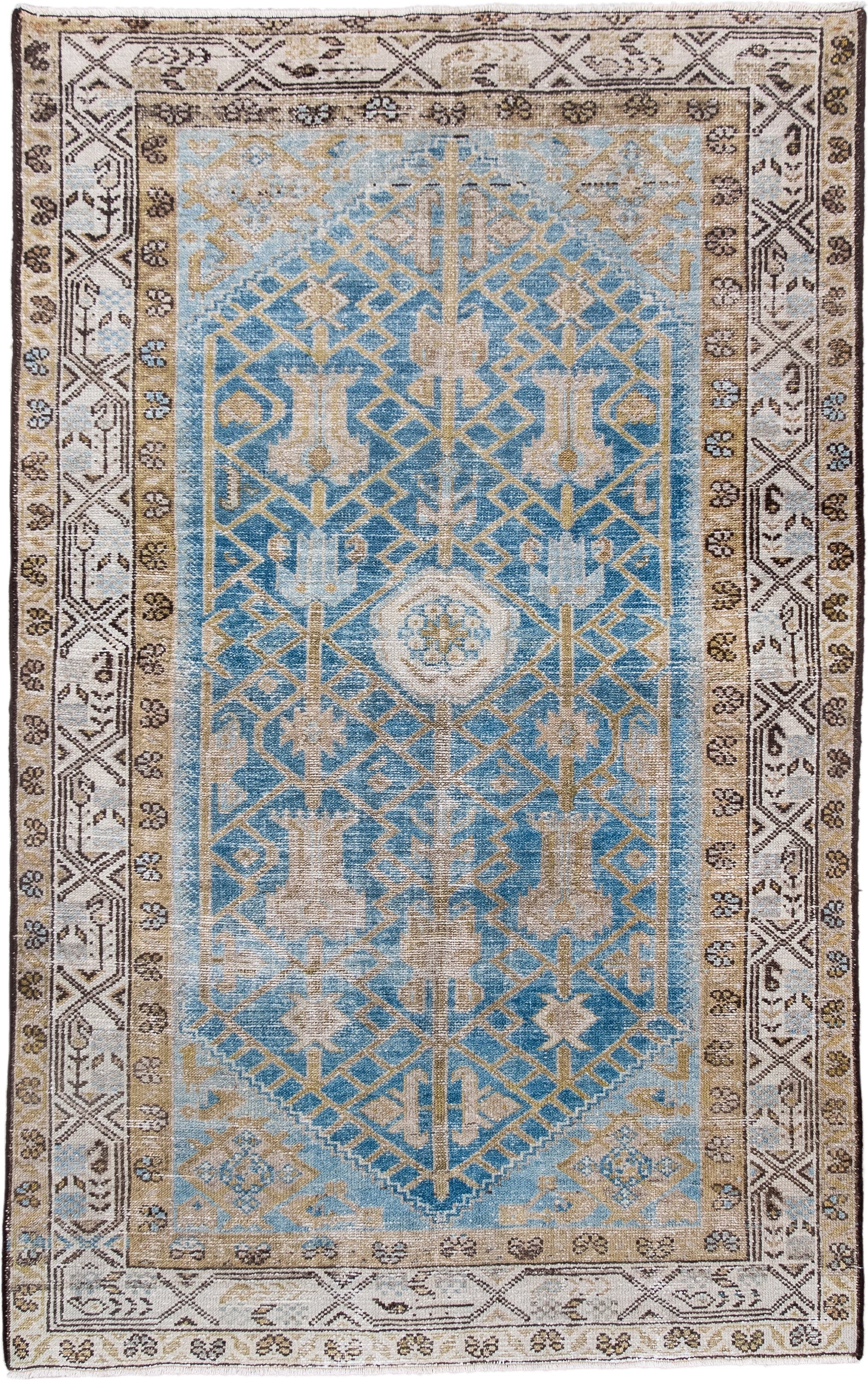 4' x 6' one-of-a-kind handmade antique Hamadan small size rug. Color palette: sky blue, ivory, taupe, brown, camel, charcoal