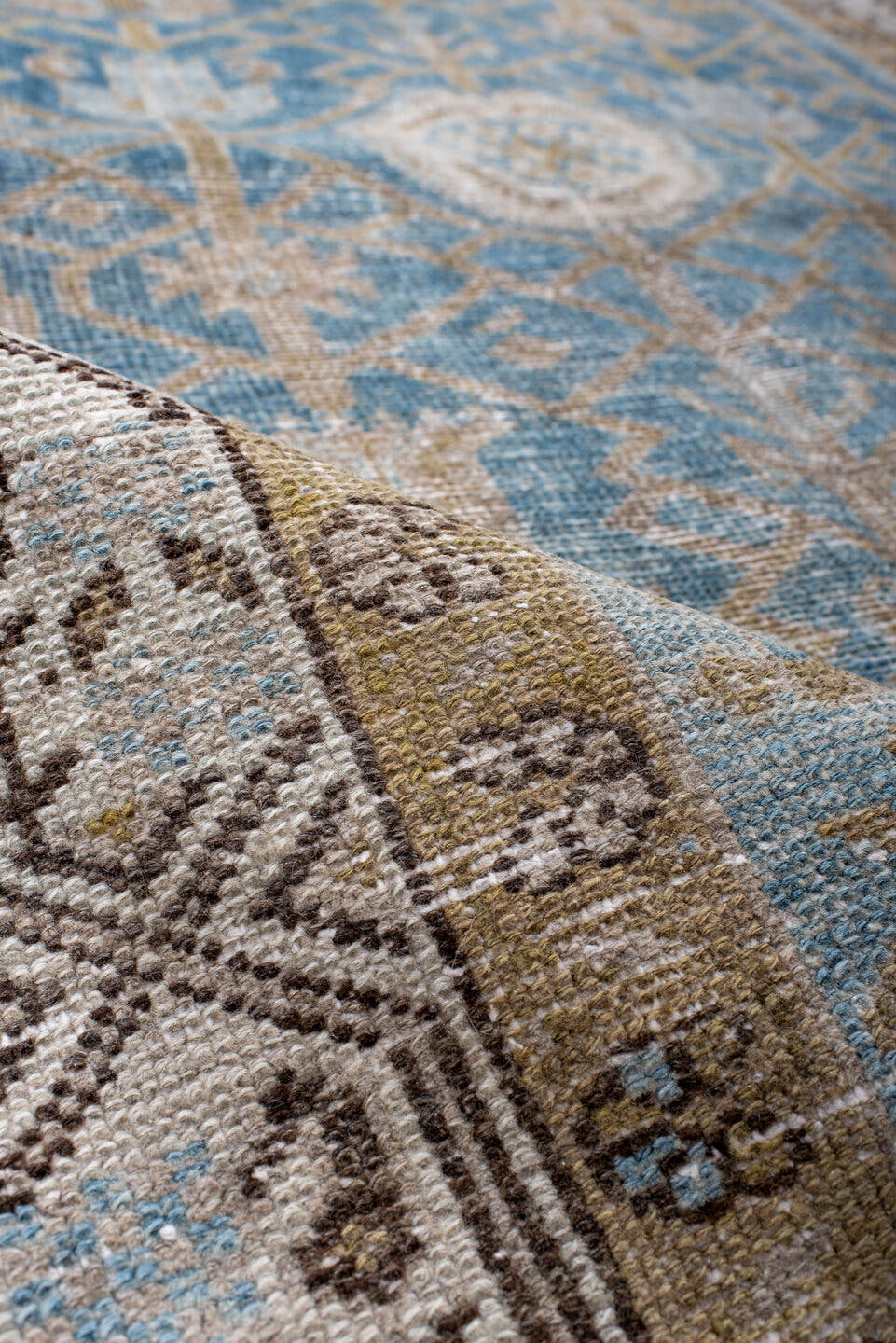 4' x 6' one-of-a-kind handmade antique Hamadan small size rug. Color palette: sky blue, ivory, taupe, brown, camel, charcoal