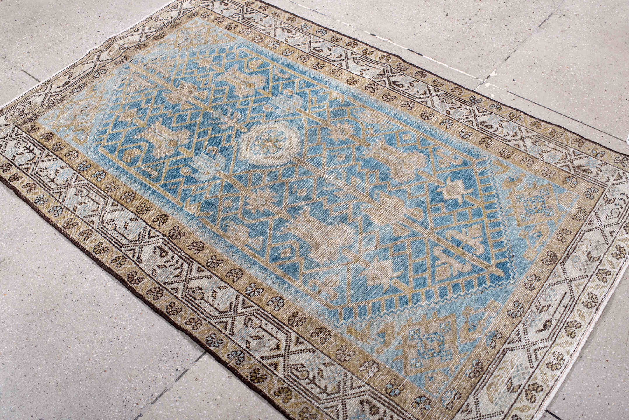 4' x 6' one-of-a-kind handmade antique Hamadan small size rug. Color palette: sky blue, ivory, taupe, brown, camel, charcoal