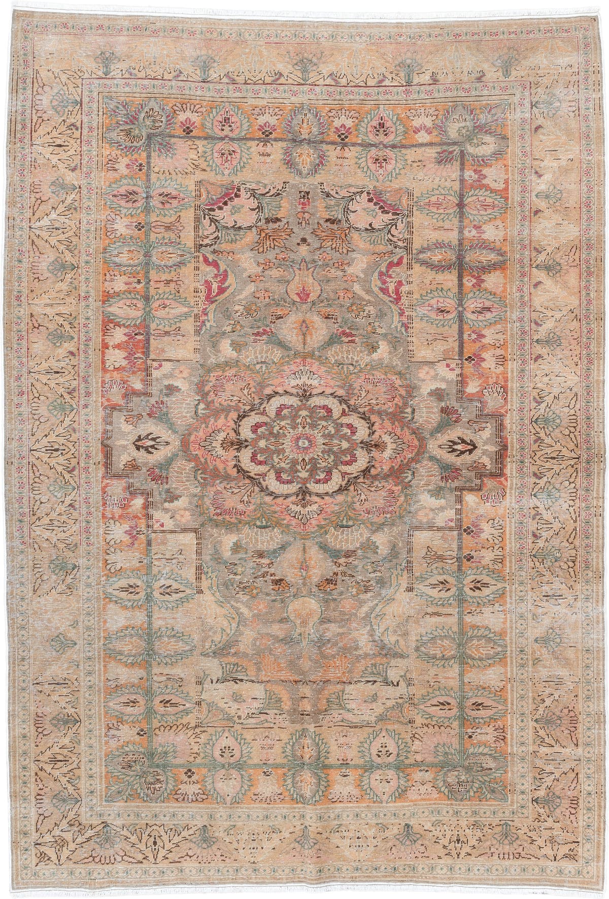 5' x 7' one-of-a-kind handmade antique Hereke rug. Color palette: blush, ivory, celadon, peach, coral, taupe, sage, brown