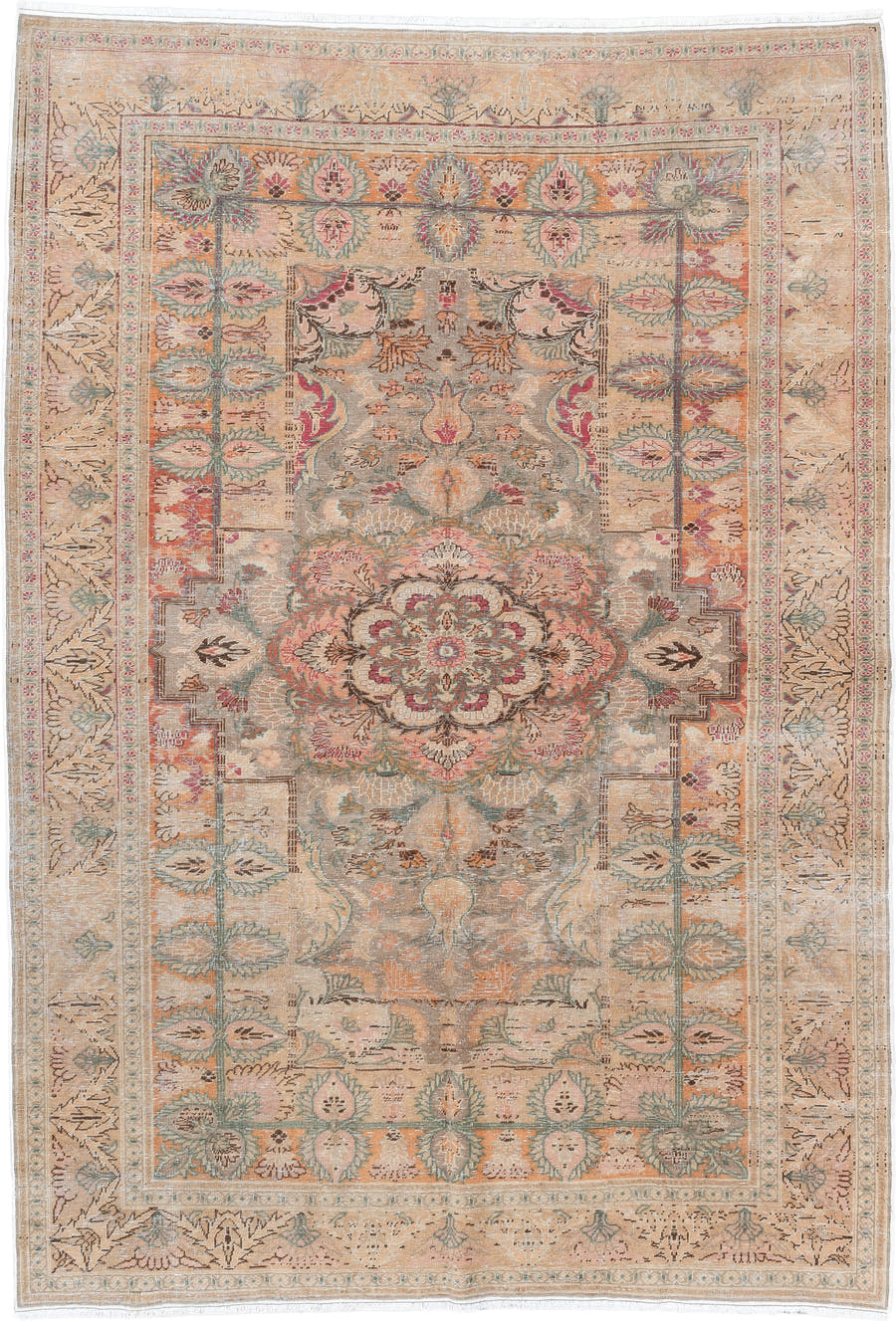 5' x 7' one-of-a-kind handmade antique Hereke rug. Color palette: blush, ivory, celadon, peach, coral, taupe, sage, brown