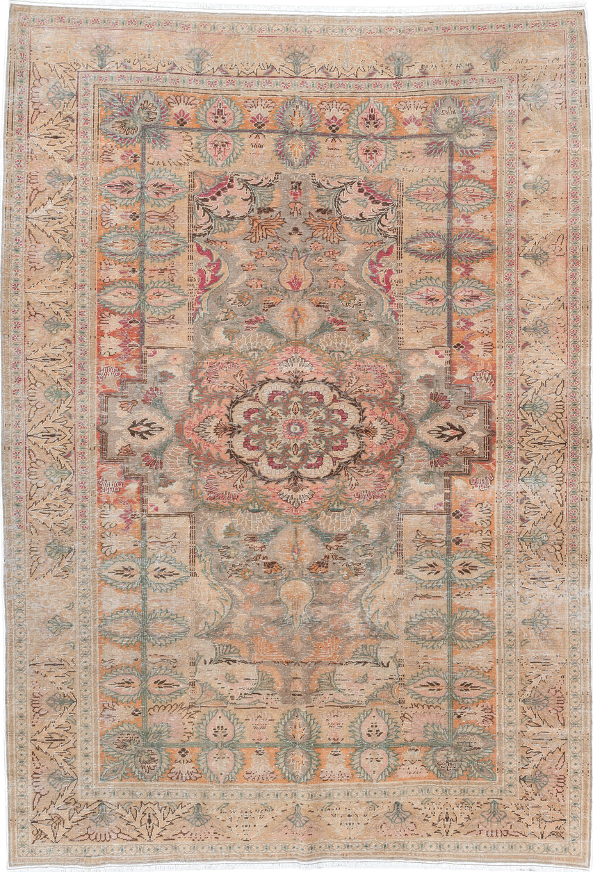 5' x 7' one-of-a-kind handmade vintage Hereke rug. Color palette: brown, gray, light gray, off-white, orange, pink, red