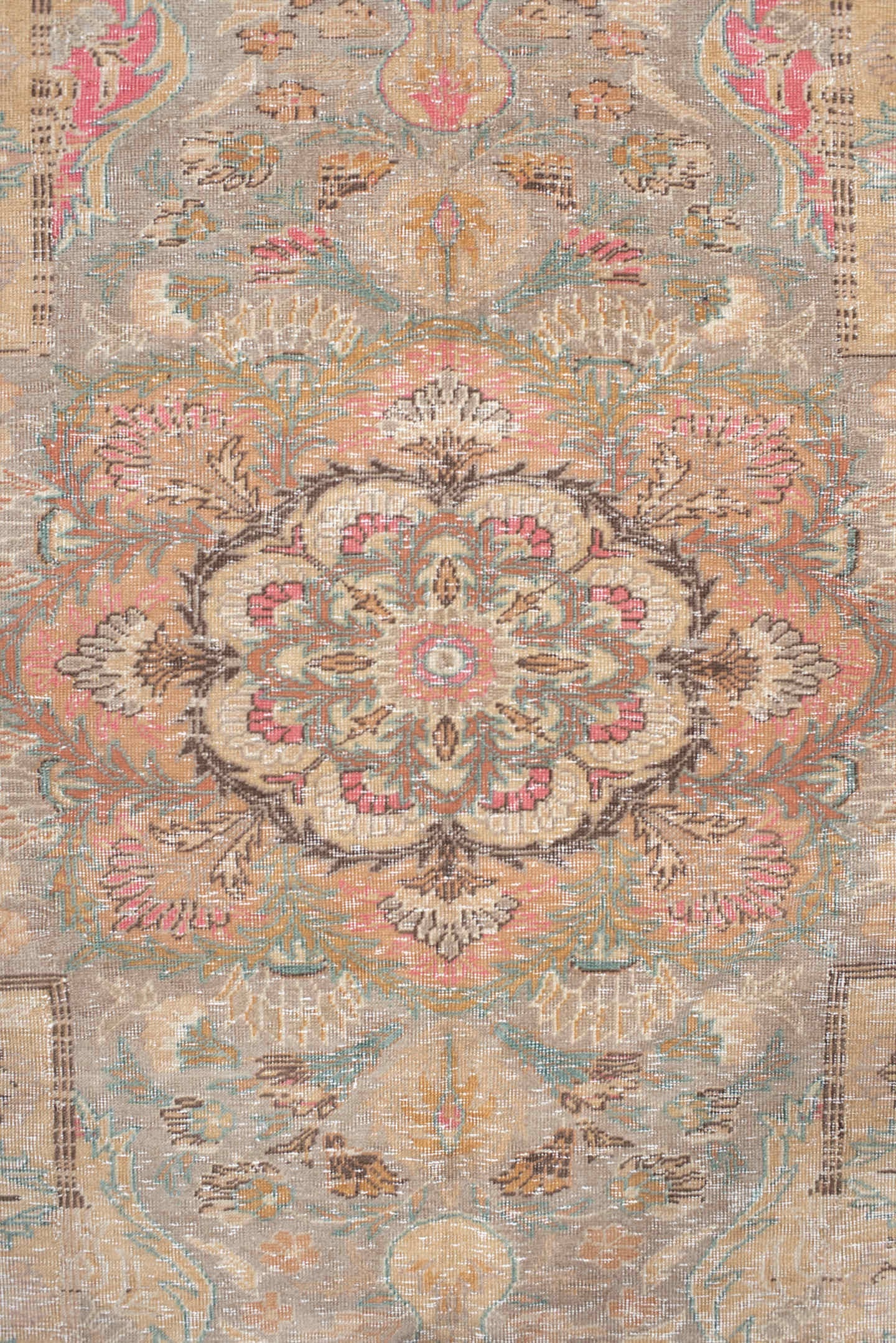 5' x 7' one-of-a-kind handmade antique Hereke rug. Color palette: blush, ivory, celadon, peach, coral, taupe, sage, brown
