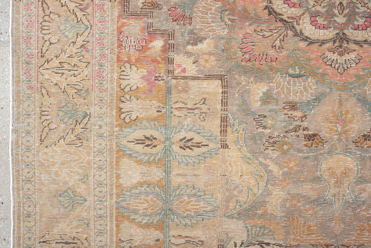 5' x 7' one-of-a-kind handmade antique Hereke rug. Color palette: blush, ivory, celadon, peach, coral, taupe, sage, brown