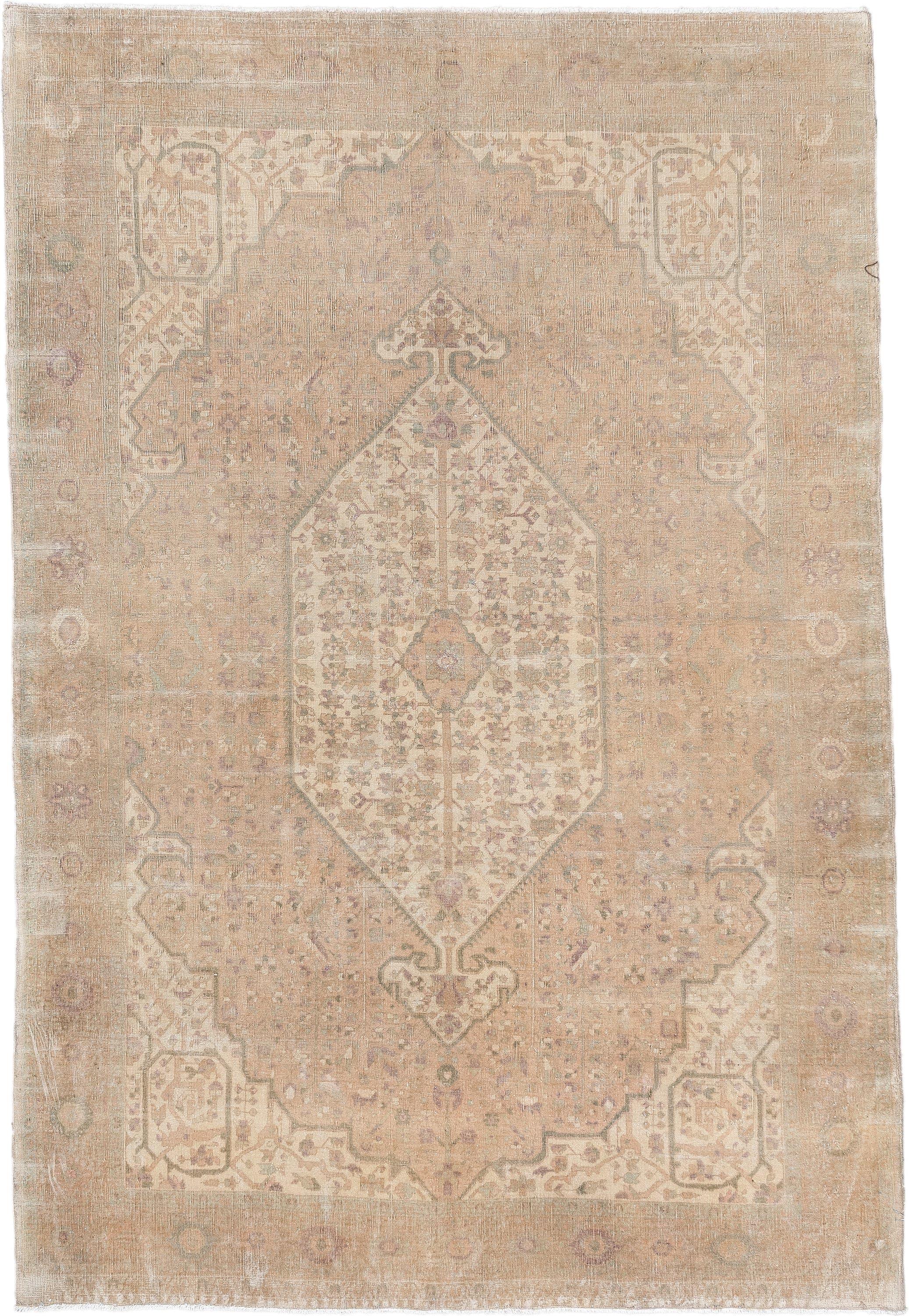 4' x 6' one-of-a-kind handmade antique Sarouk rug. Color palette: ivory, blush, taupe, sage, rose, camel, pewter, pink
