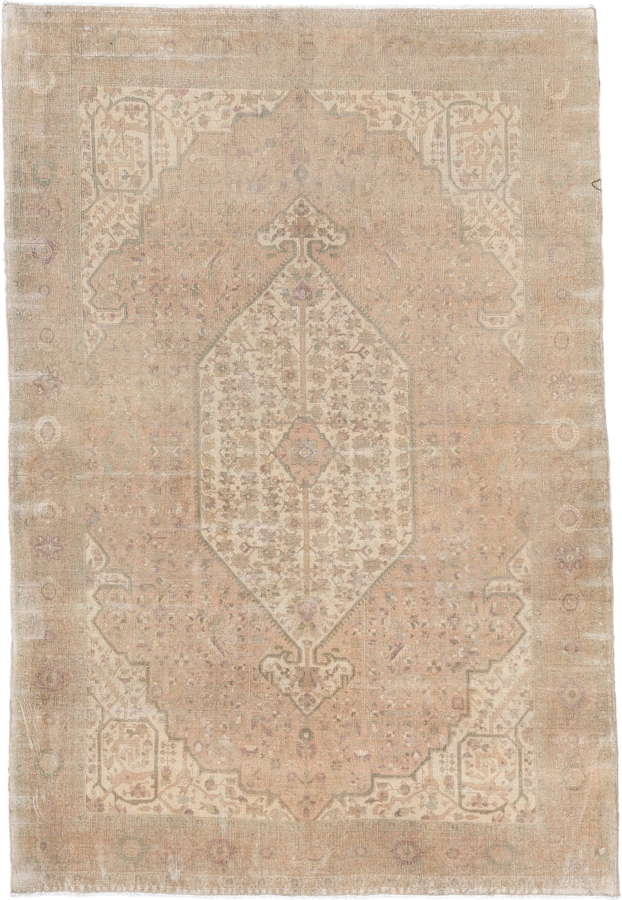 4' x 6' one-of-a-kind handmade antique Sarouk rug. Color palette: ivory, blush, taupe, sage, rose, camel, pewter, pink