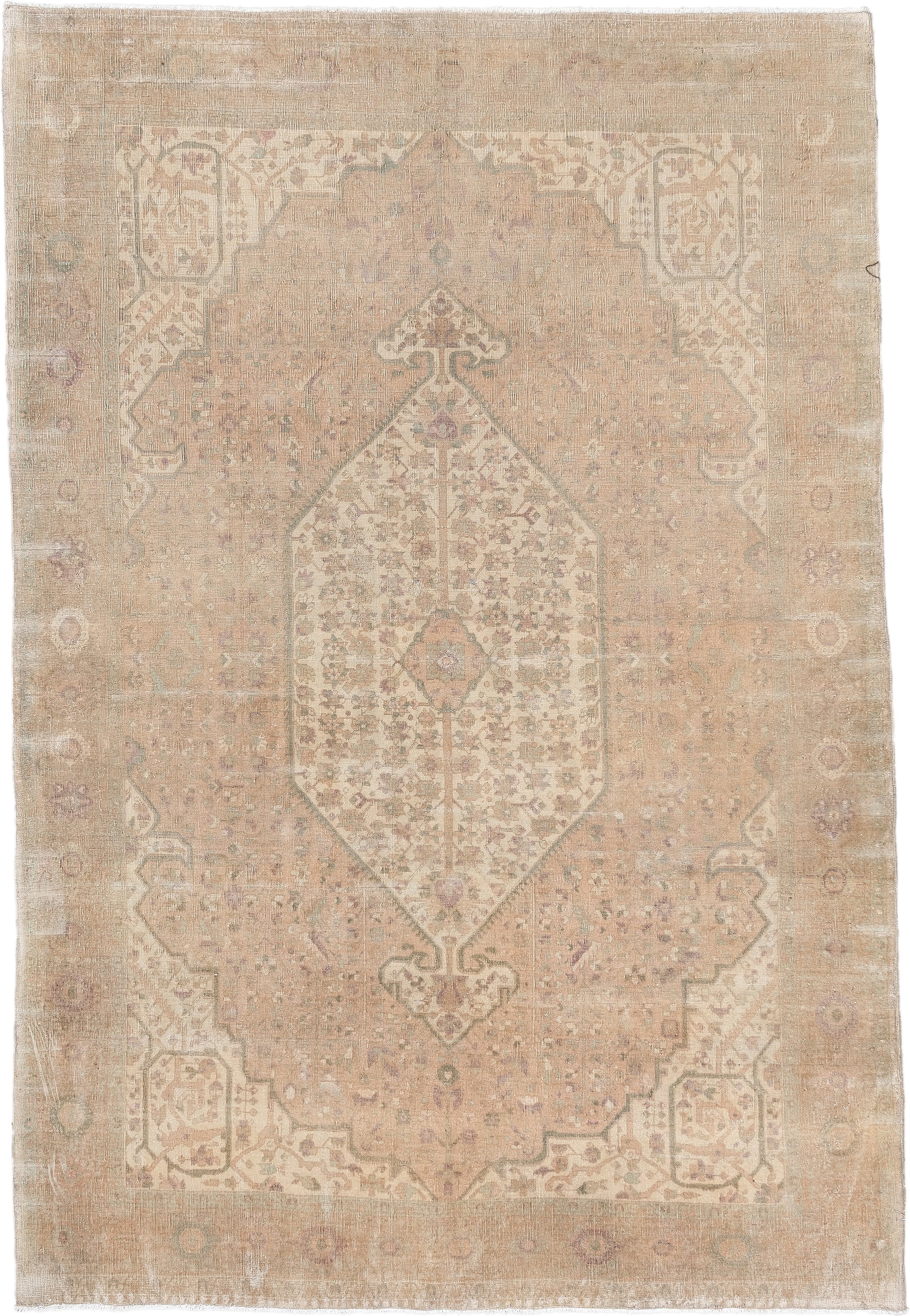 4' x 6' one-of-a-kind handmade antique Sarouk rug. Color palette: ivory, blush, taupe, sage, rose, camel, pewter, pink