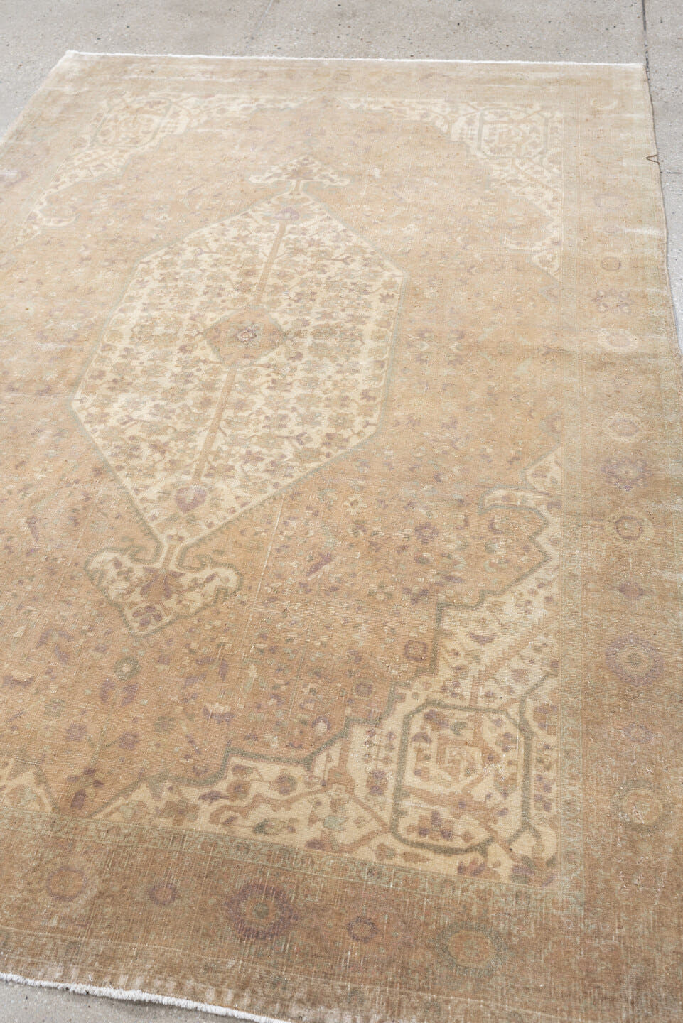 4' x 6' one-of-a-kind handmade antique Sarouk rug. Color palette: ivory, blush, taupe, sage, rose, camel, pewter, pink