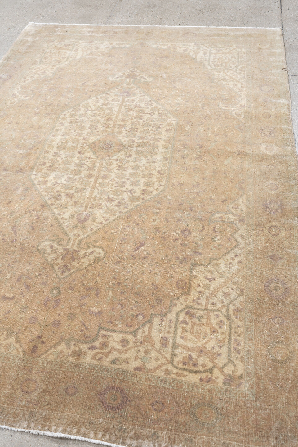 4' x 6' one-of-a-kind handmade antique Sarouk rug. Color palette: ivory, blush, taupe, sage, rose, camel, pewter, pink