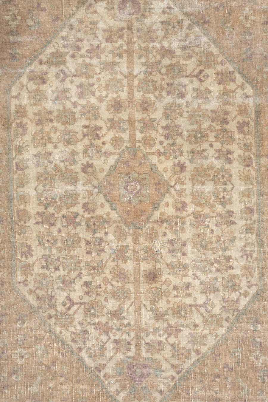 4' x 6' one-of-a-kind handmade antique Sarouk rug. Color palette: ivory, blush, taupe, sage, rose, camel, pewter, pink