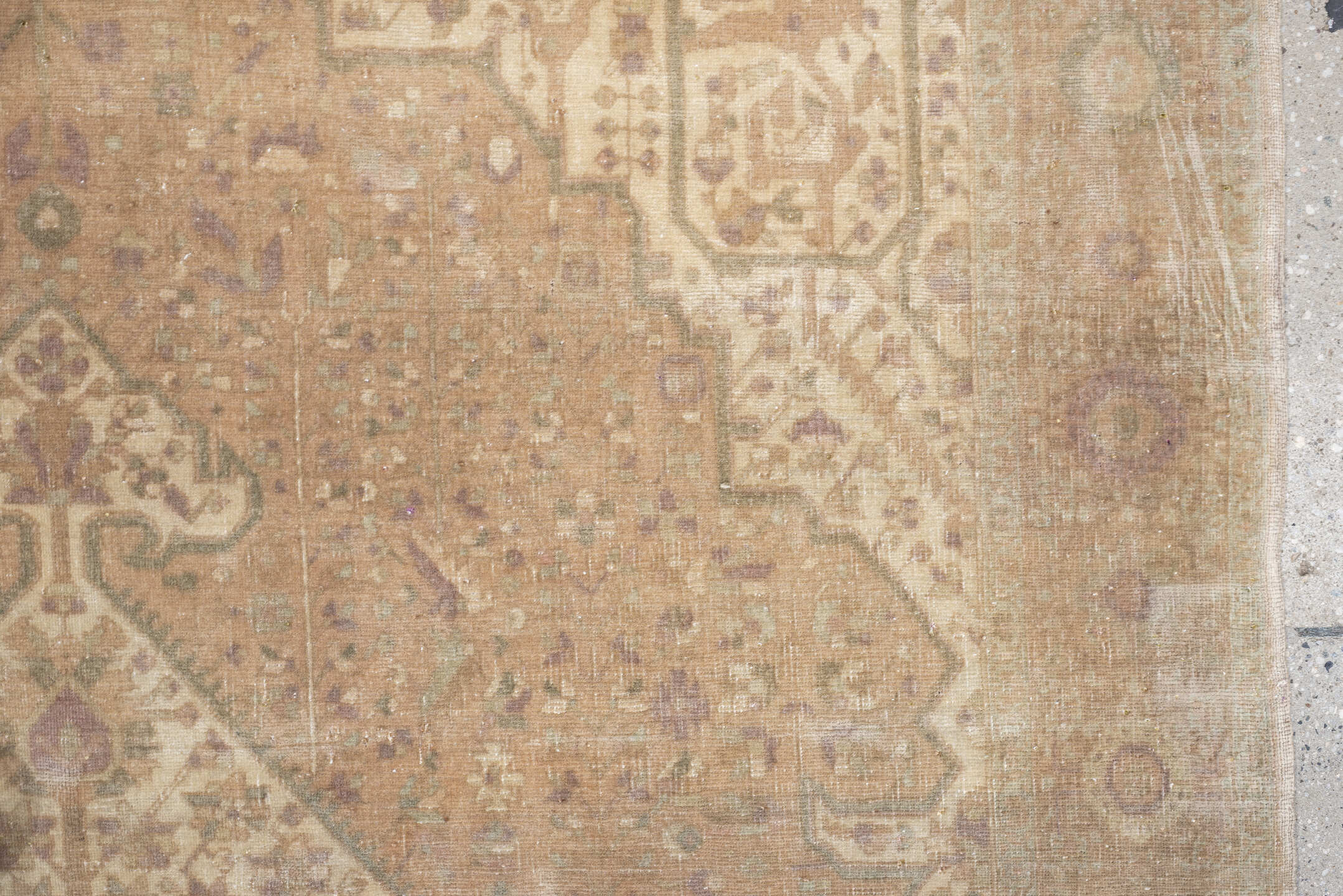 4' x 6' one-of-a-kind handmade antique Sarouk rug. Color palette: ivory, blush, taupe, sage, rose, camel, pewter, pink