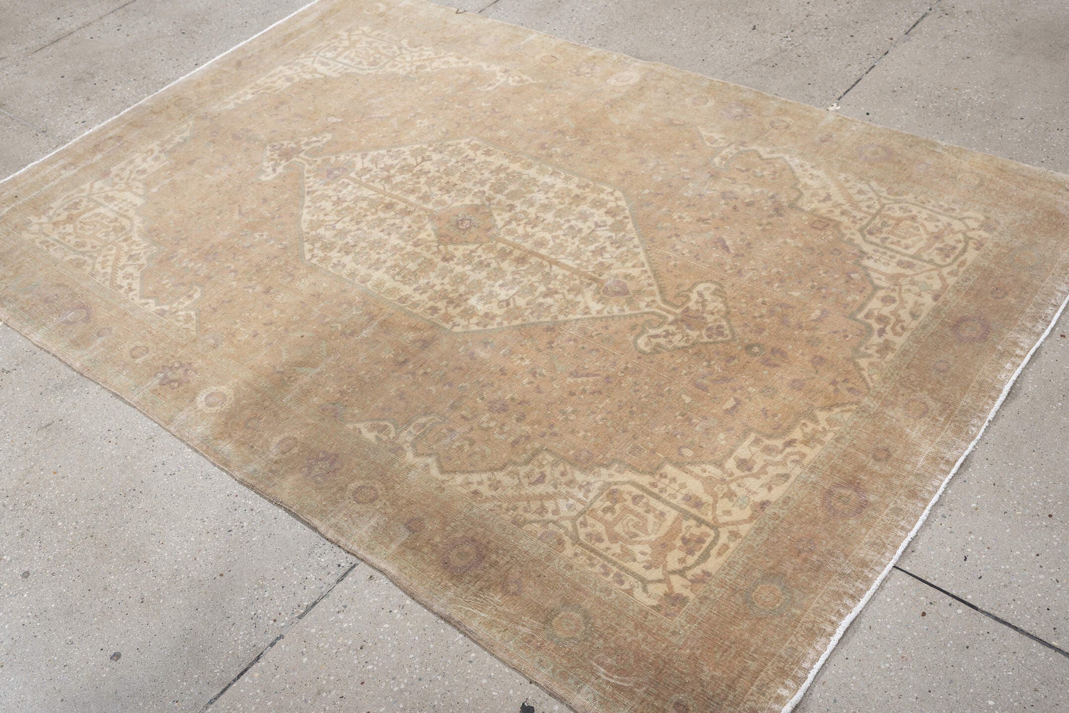4' x 6' one-of-a-kind handmade antique Sarouk rug. Color palette: ivory, blush, taupe, sage, rose, camel, pewter, pink