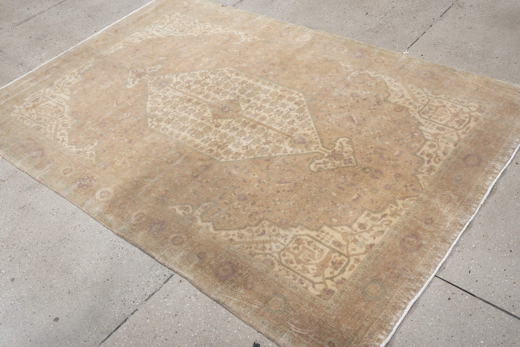 4' x 6' one-of-a-kind handmade antique Sarouk rug. Color palette: ivory, blush, taupe, sage, rose, camel, pewter, pink