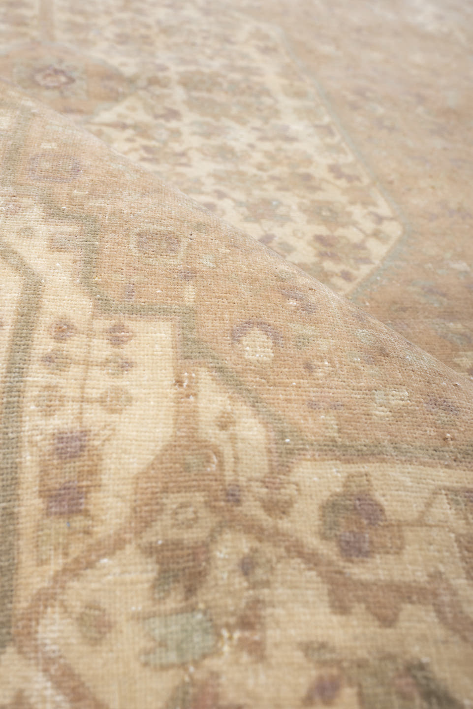4' x 6' one-of-a-kind handmade antique Sarouk rug. Color palette: ivory, blush, taupe, sage, rose, camel, pewter, pink